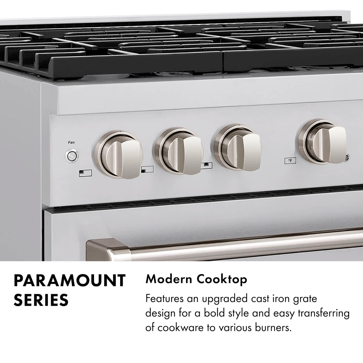Stainless steel gas range front with four control knobs and burner grates