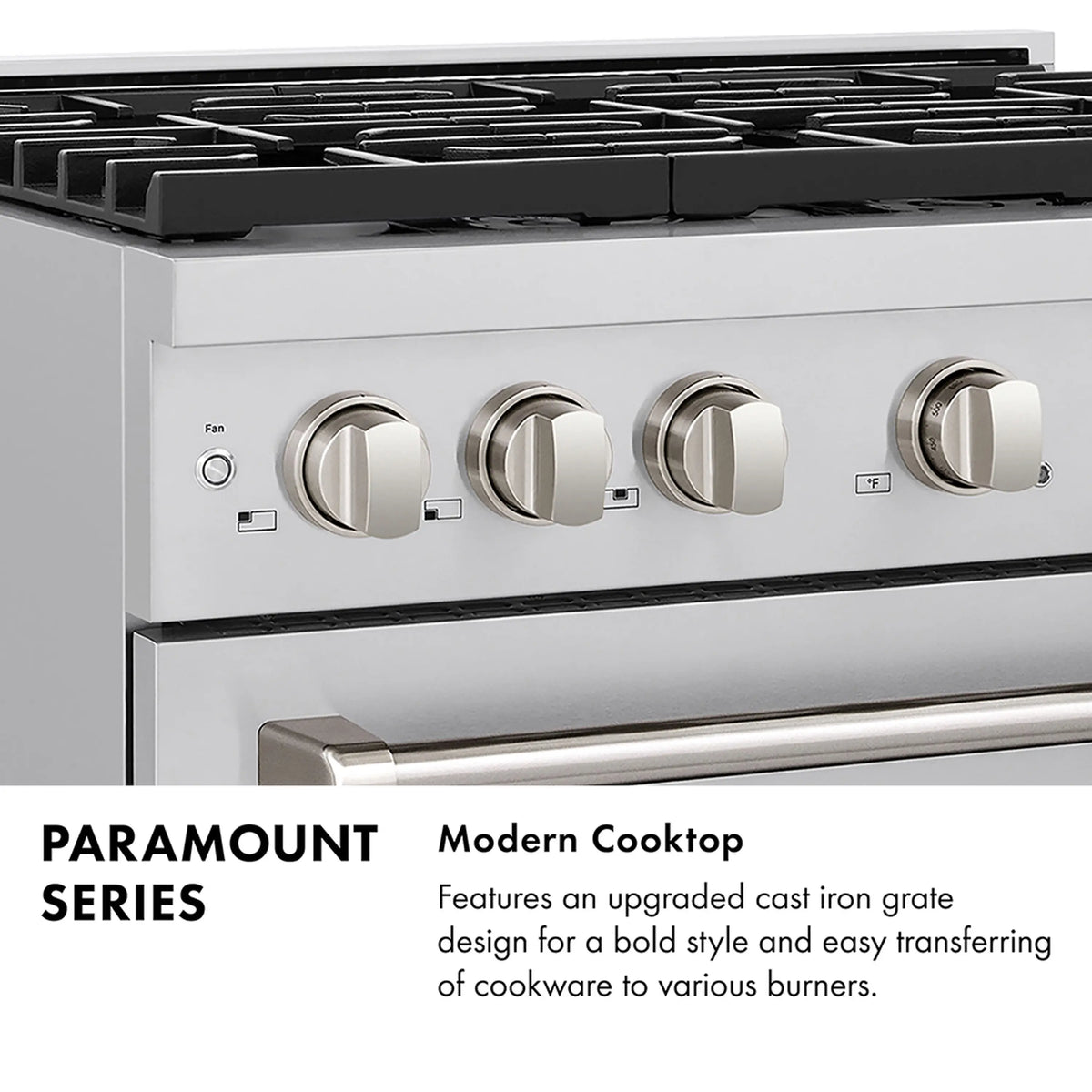 Stainless cooktop with black cast-iron grates and four round control knobs