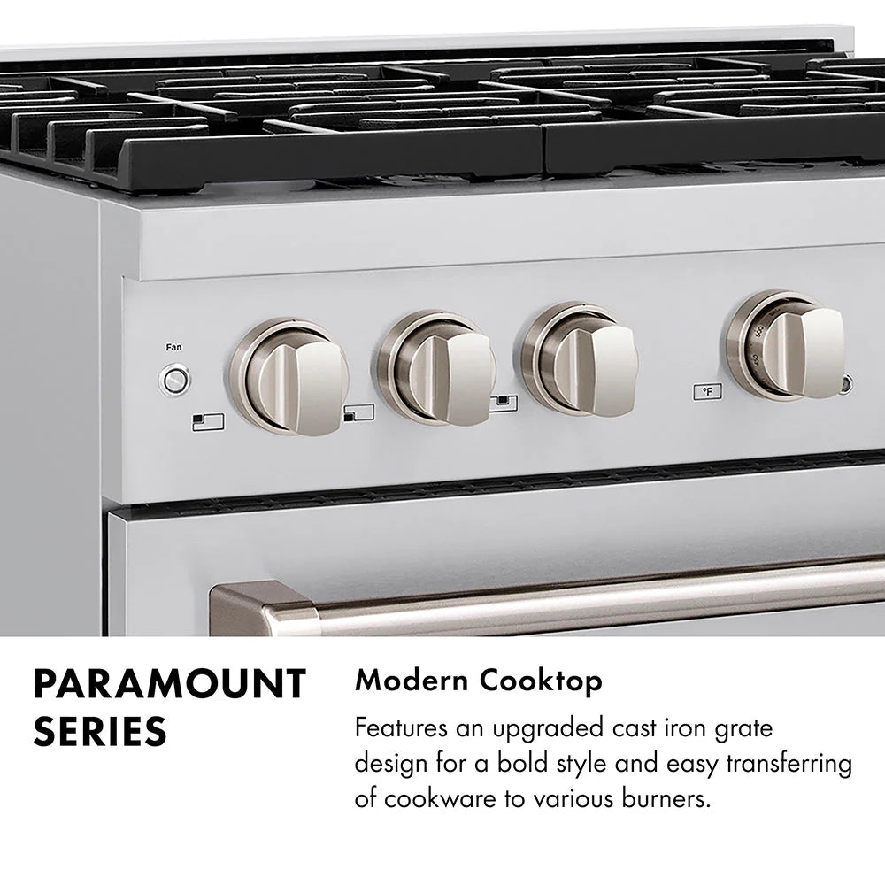 Stainless front panel with four round burner knobs above black grates