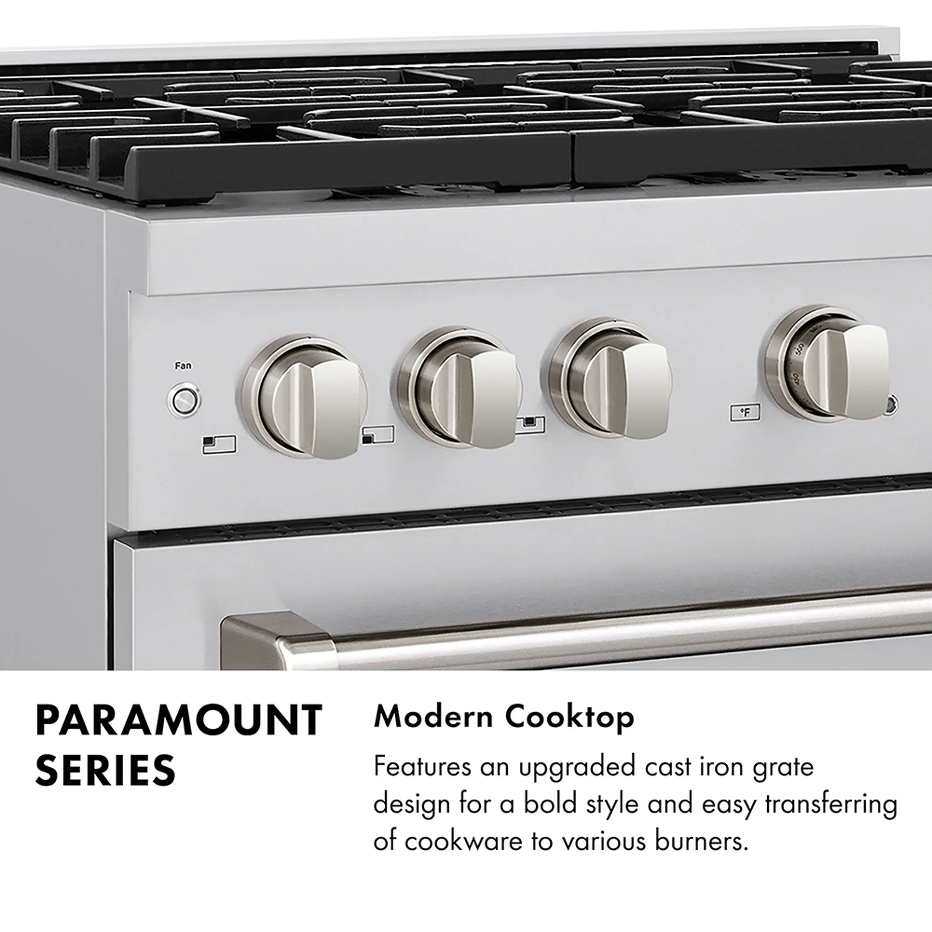 Gas range front control knobs with black cooktop grates