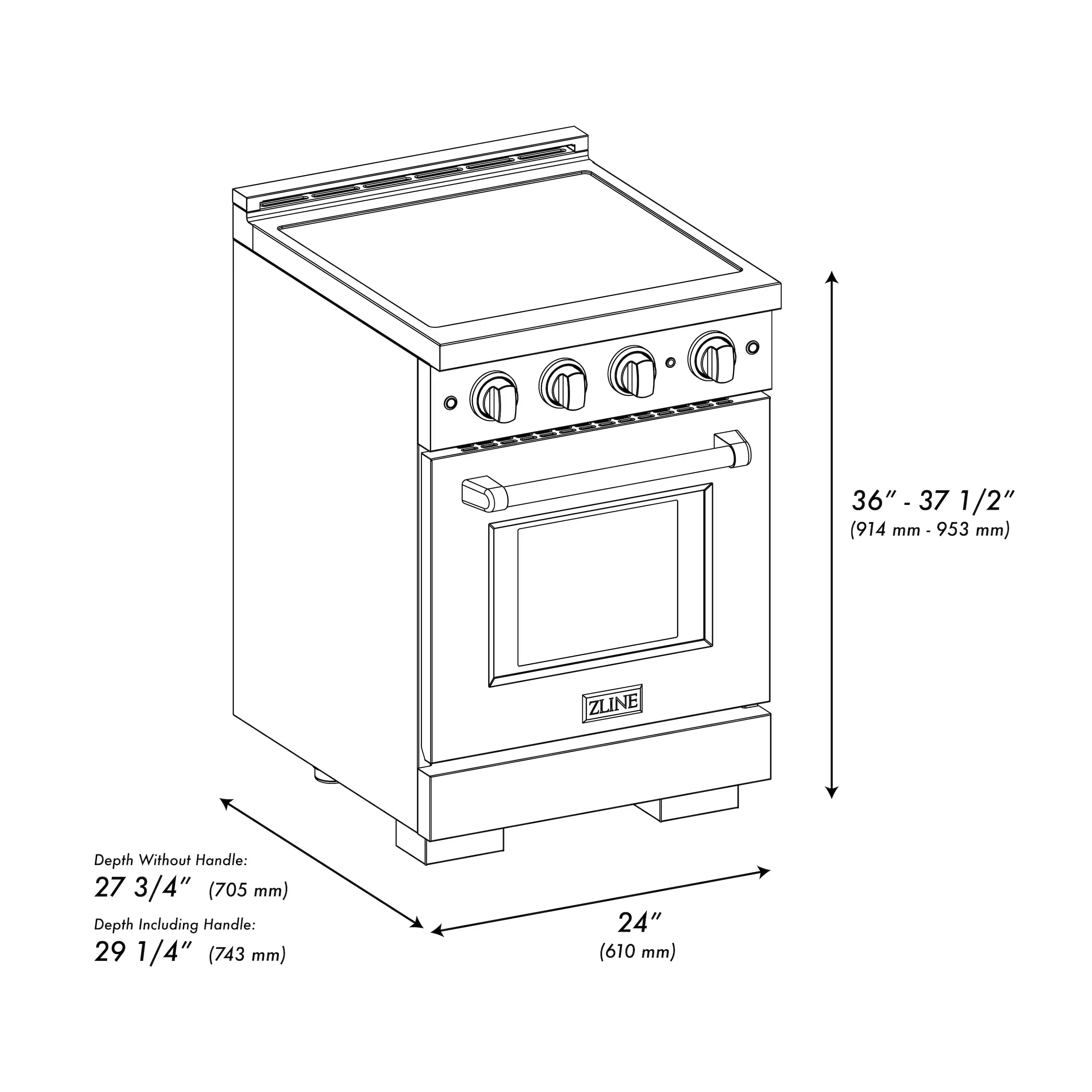 Induction range product diagram with front view and overall dimensions