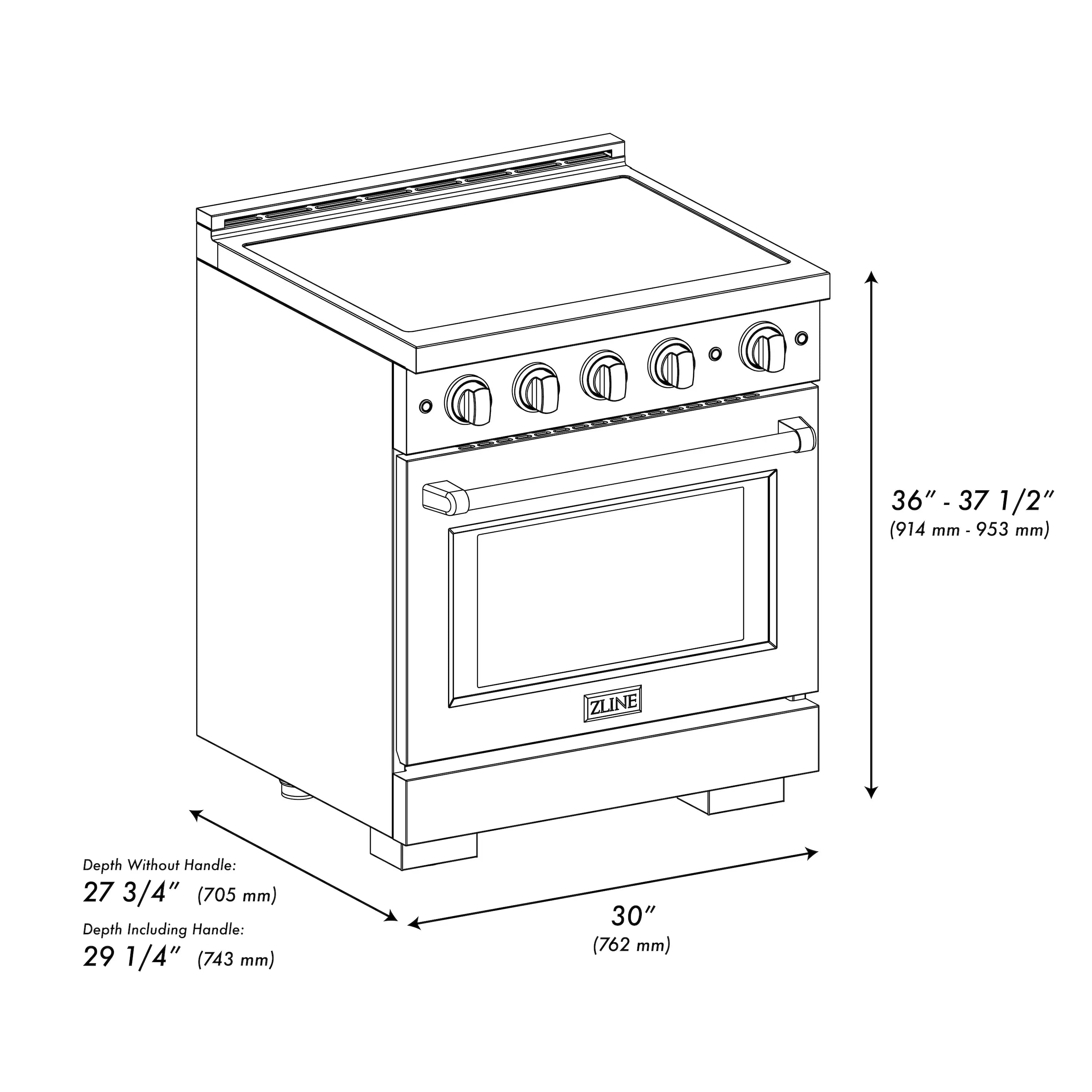 Stainless induction range with open oven and cooktop controls, side dimension view