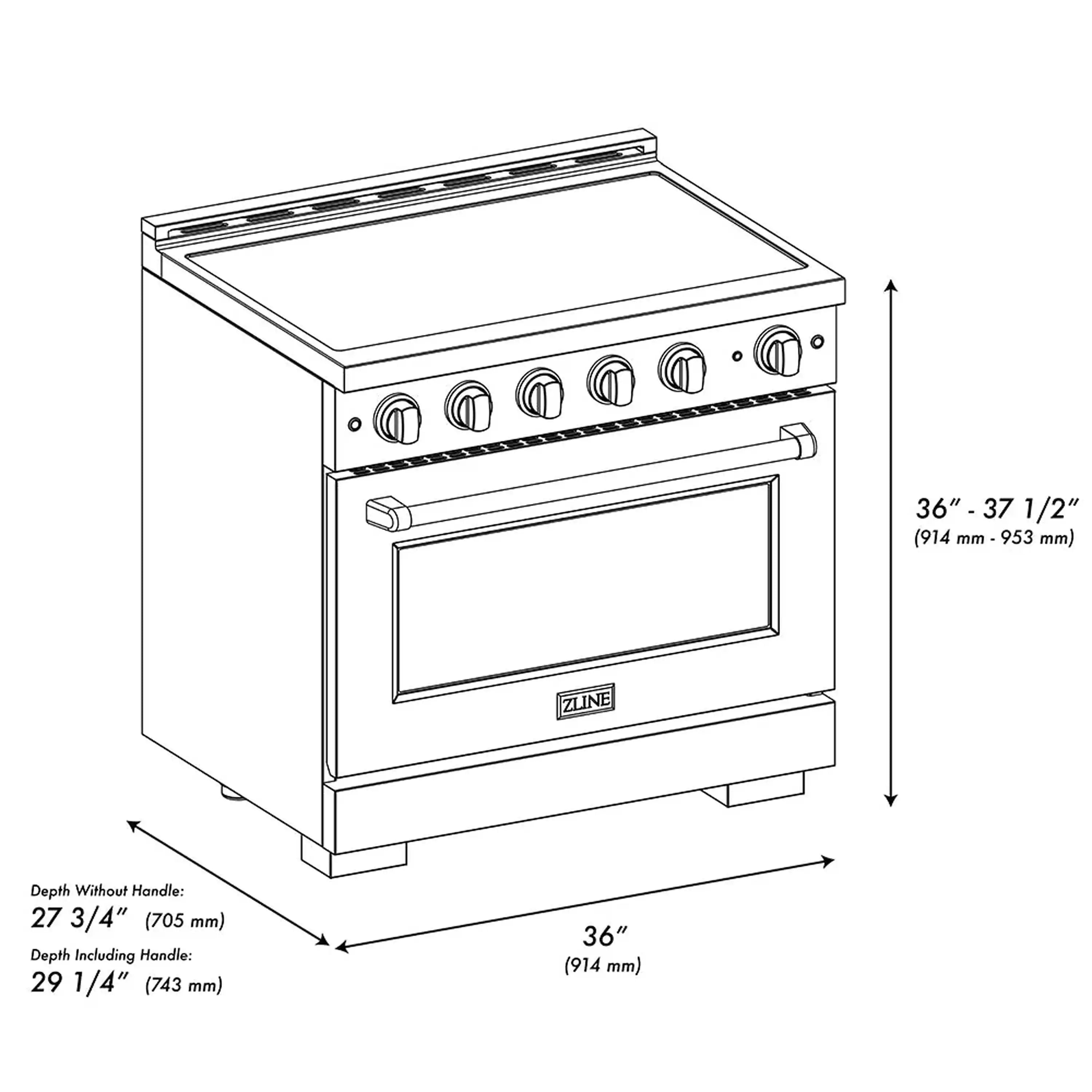Stainless steel range product diagram with dimensions and side profile measurements
