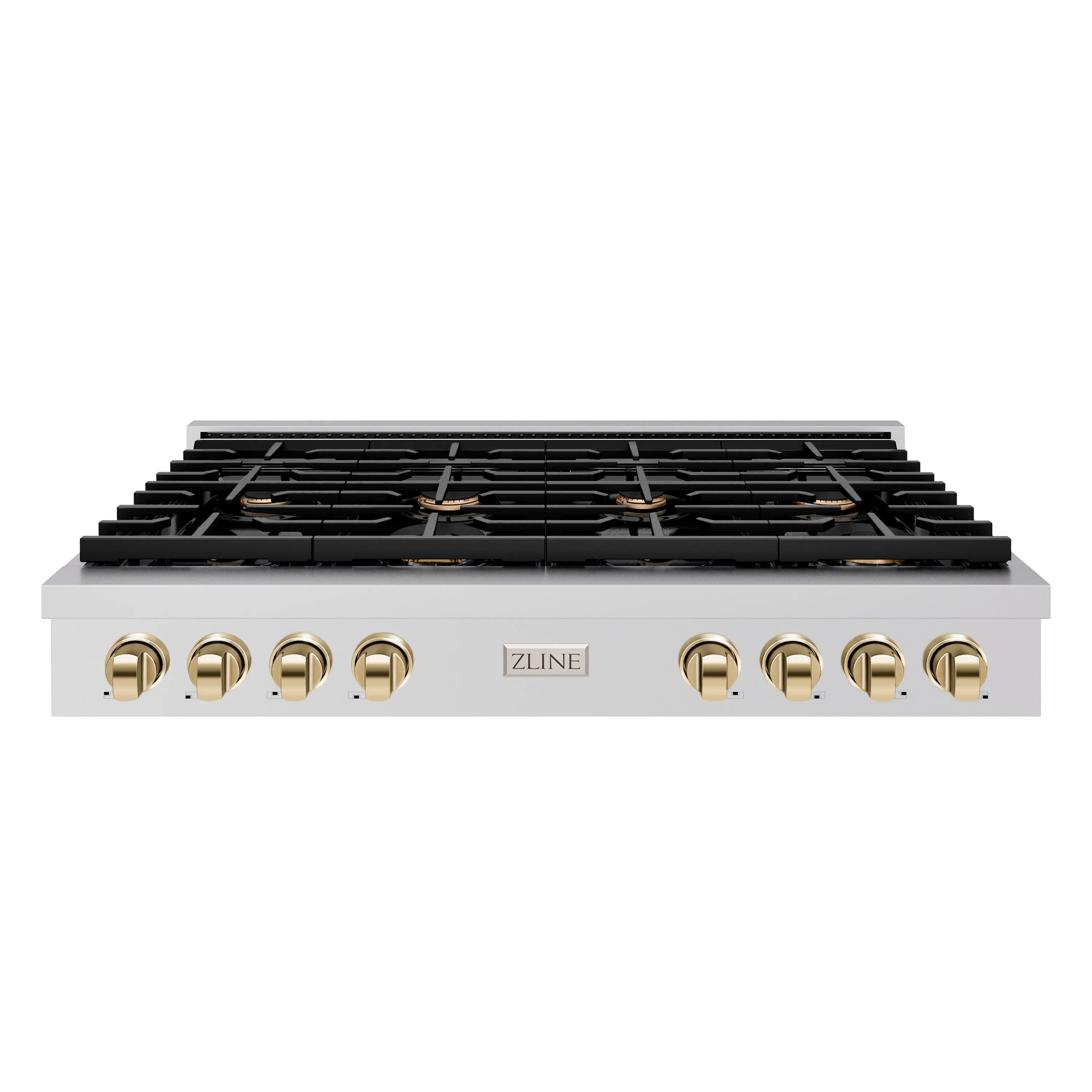 Stainless steel gas rangetop with black grates and gold control knobs