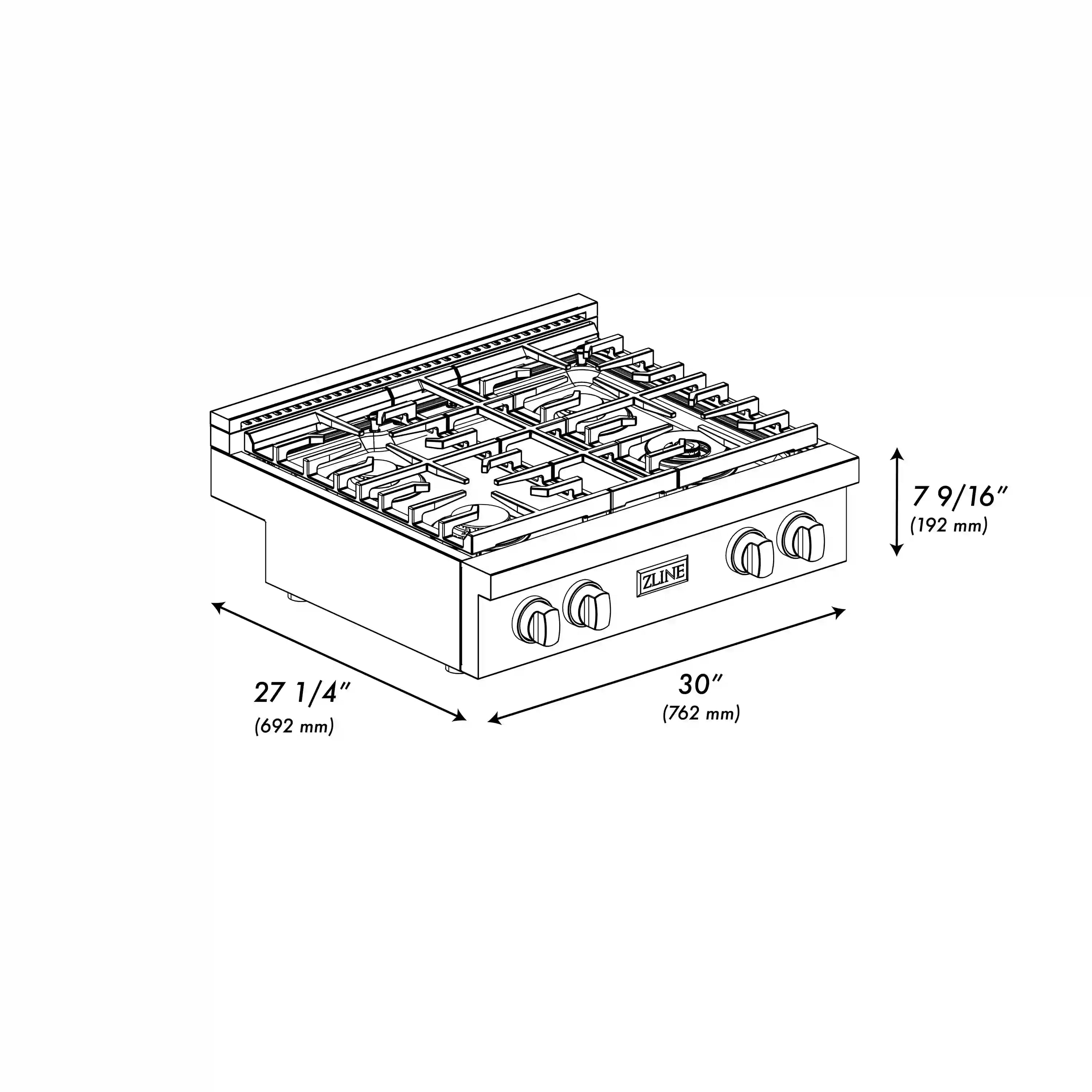 Gas rangetop dimension diagram showing 30 in width and 7 9/16 in height
