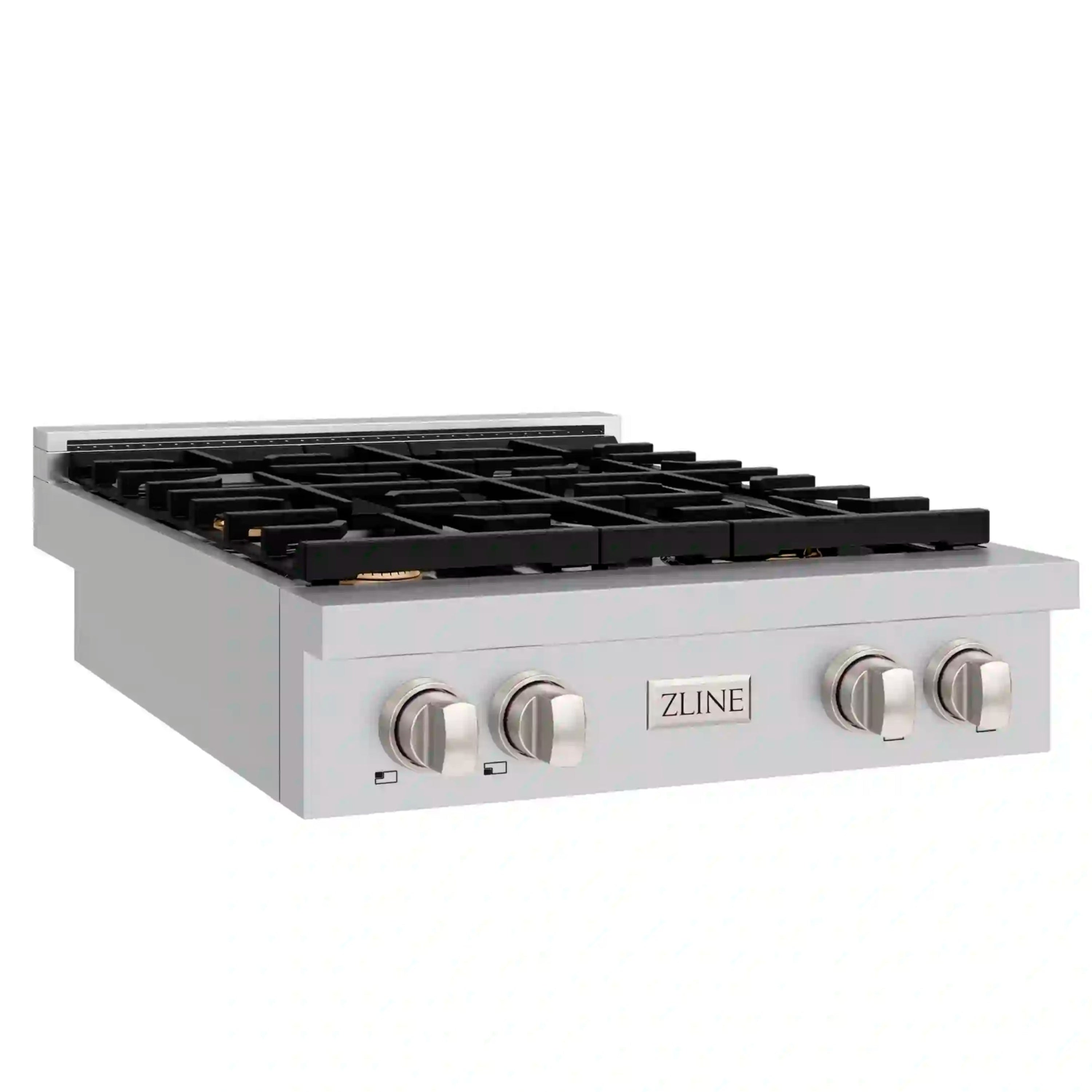ZLINE 30-inch gas rangetop with four burner grates, brass-ring burners, front view