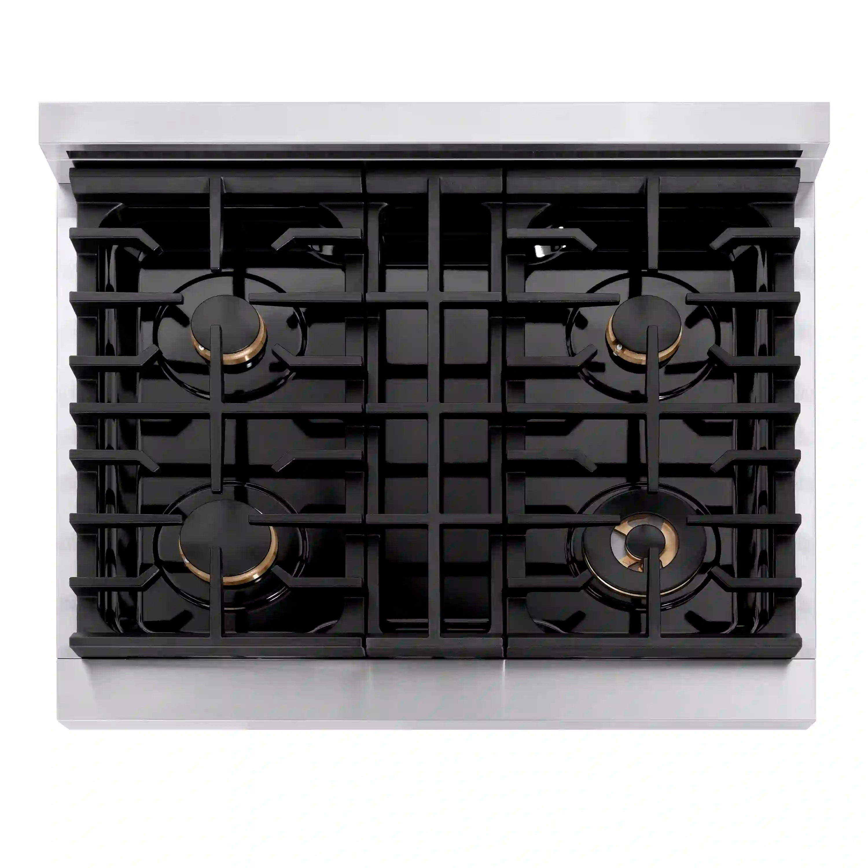 Gas rangetop top view with four burners, black grates, and brass-ring ignition ports