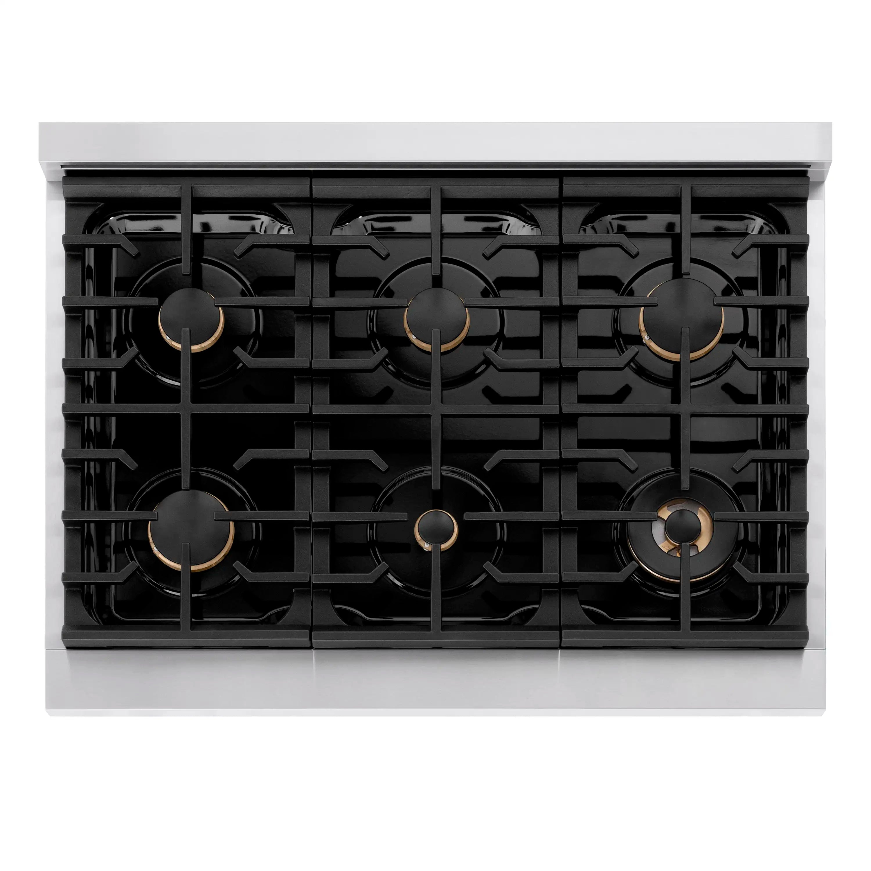 Top view gas cooktop with black burner grates and five brass-accented burner rings