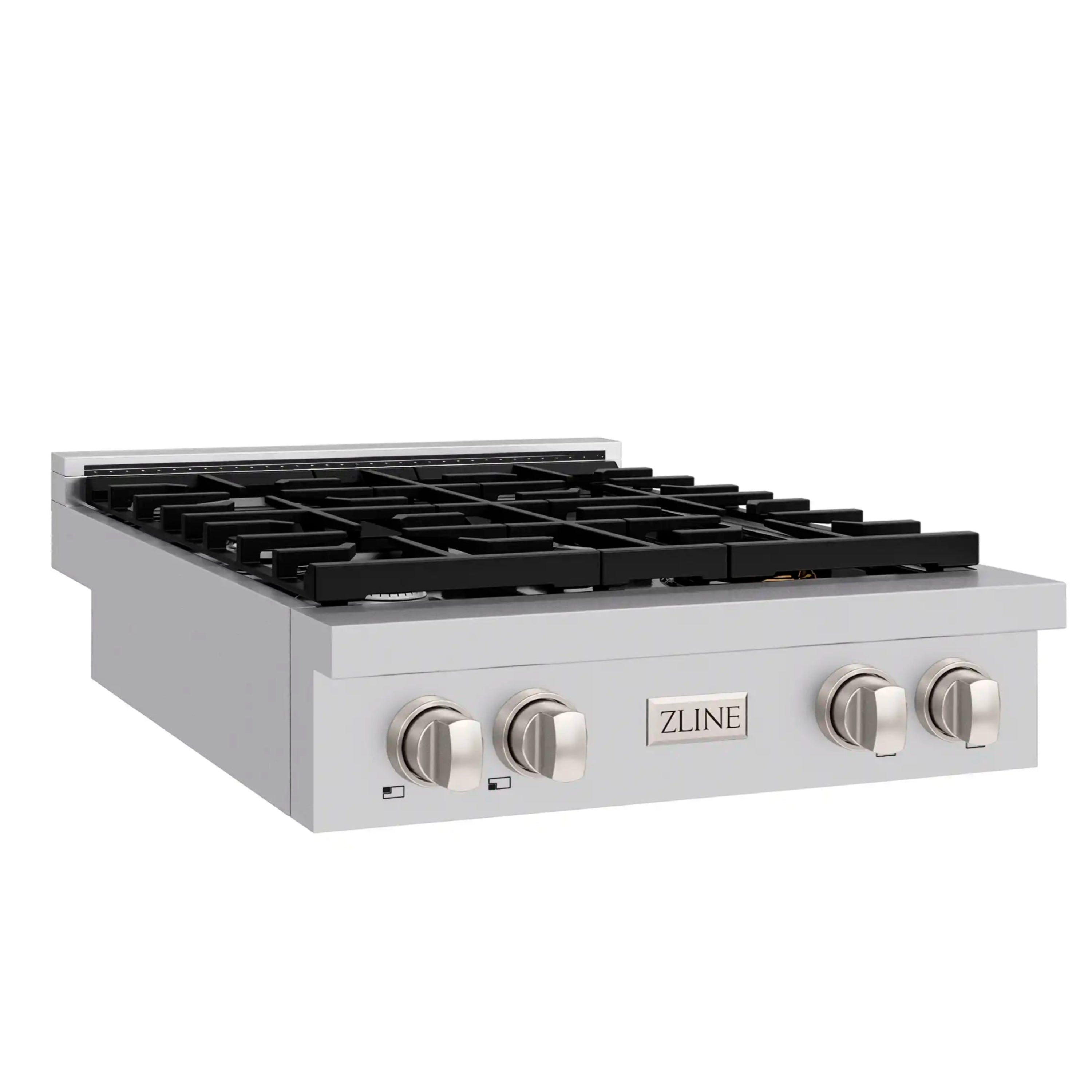 Stainless steel 4-burner gas rangetop angled view with black grates and four knobs