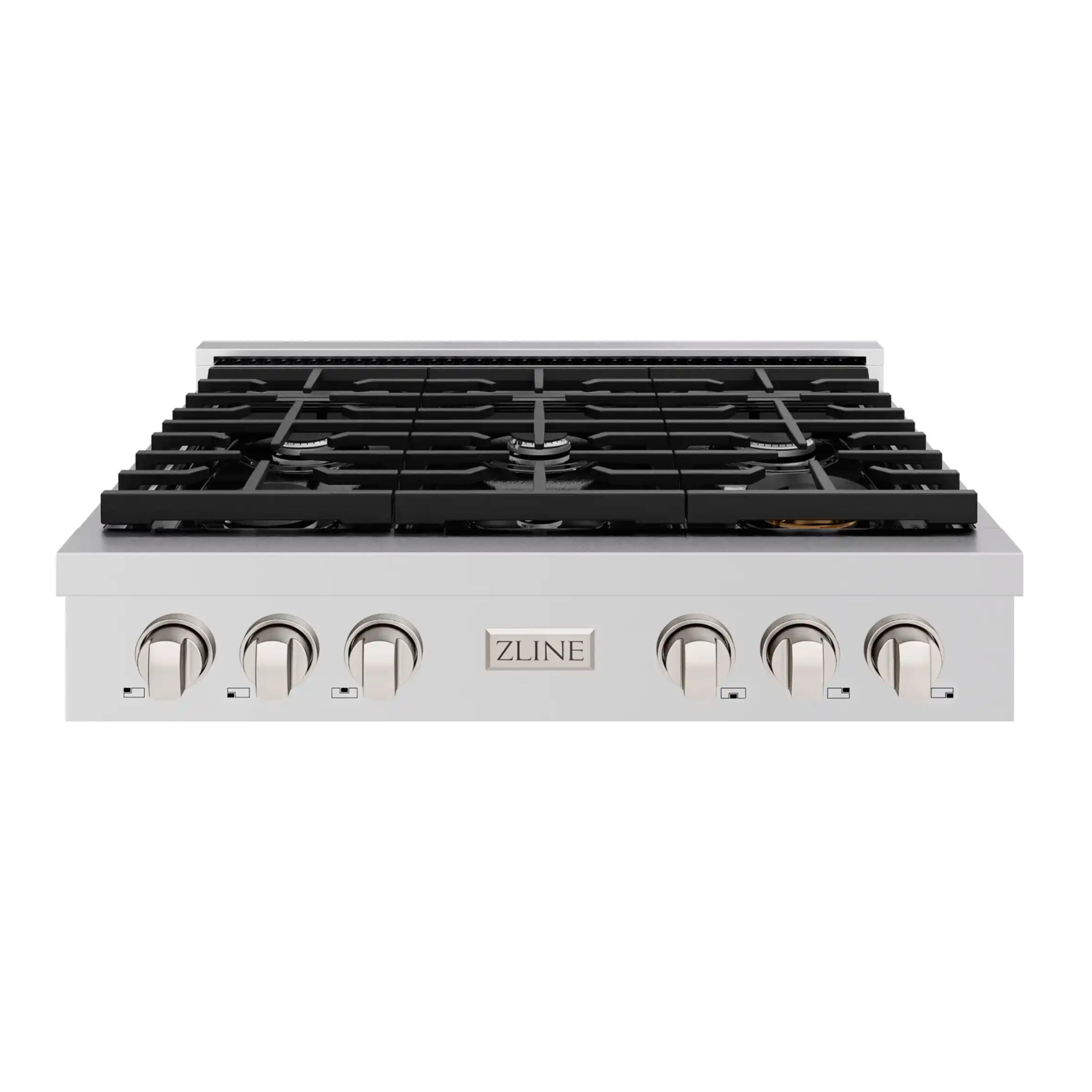 Stainless gas rangetop with black grates and six burner knobs in front view