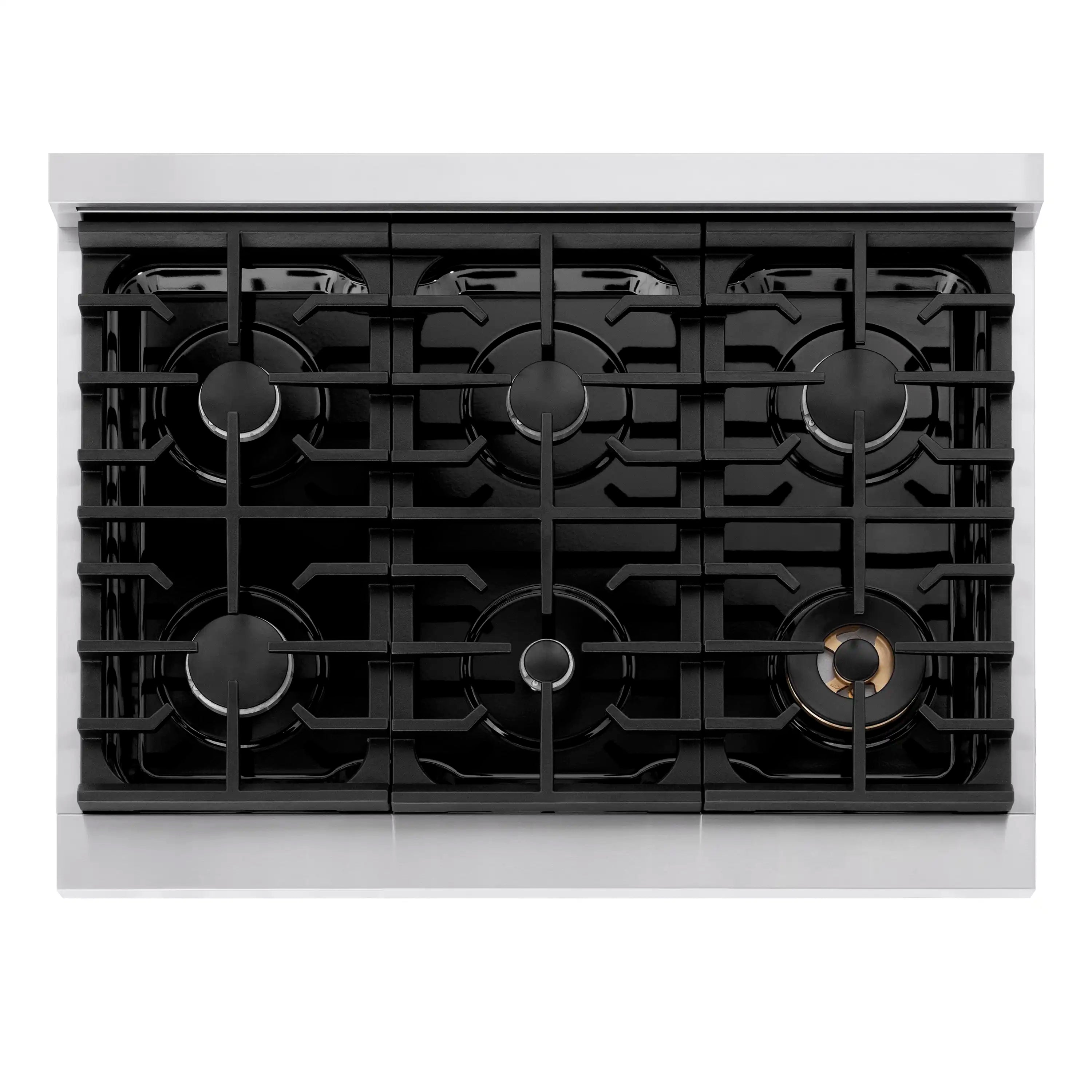 Top view of black gas cooktop grates with six burners and burner rings