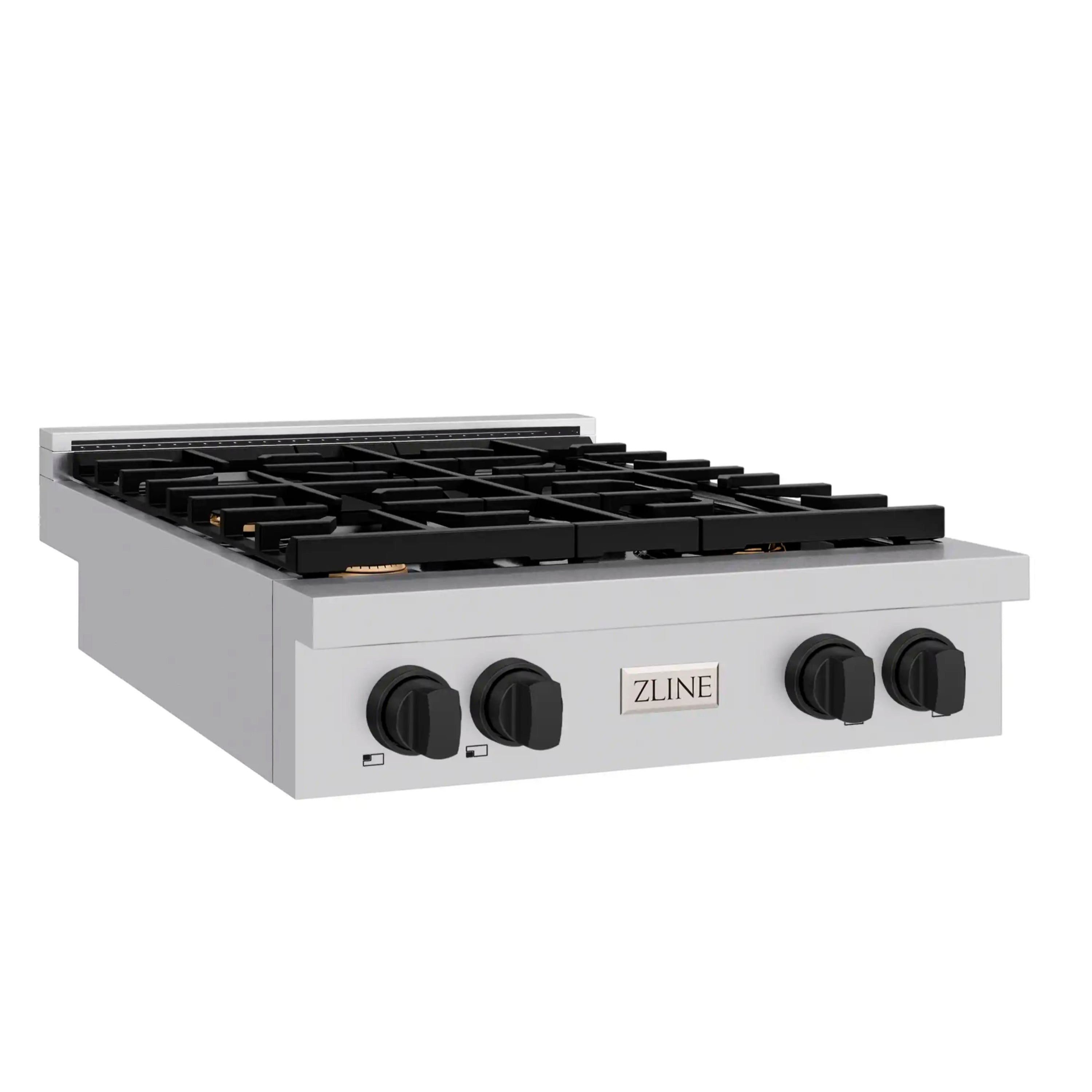30-inch gas rangetop with stainless finish, black grates, and four control knobs