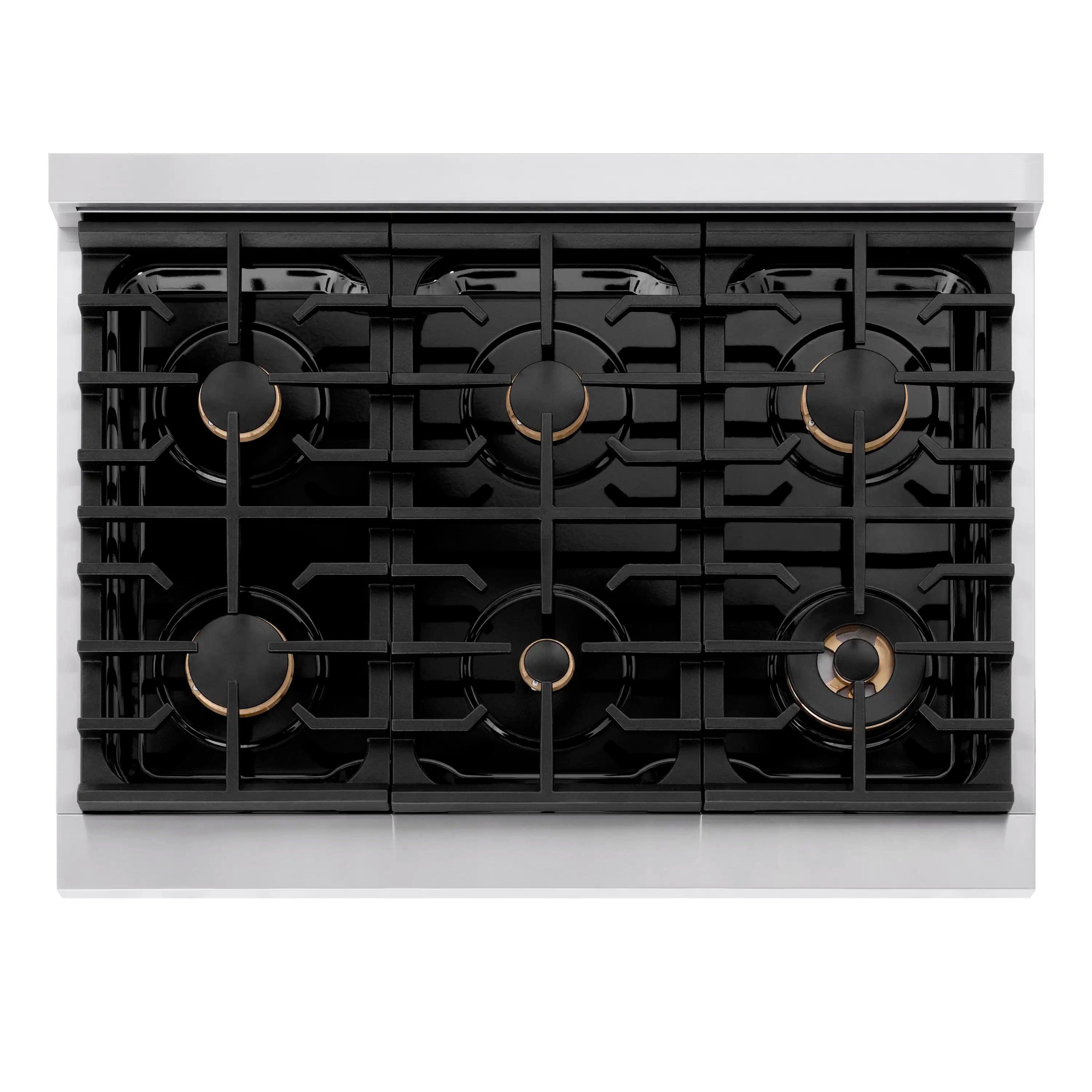 Six-burner black grate arrangement on stainless gas rangetop cooktop
