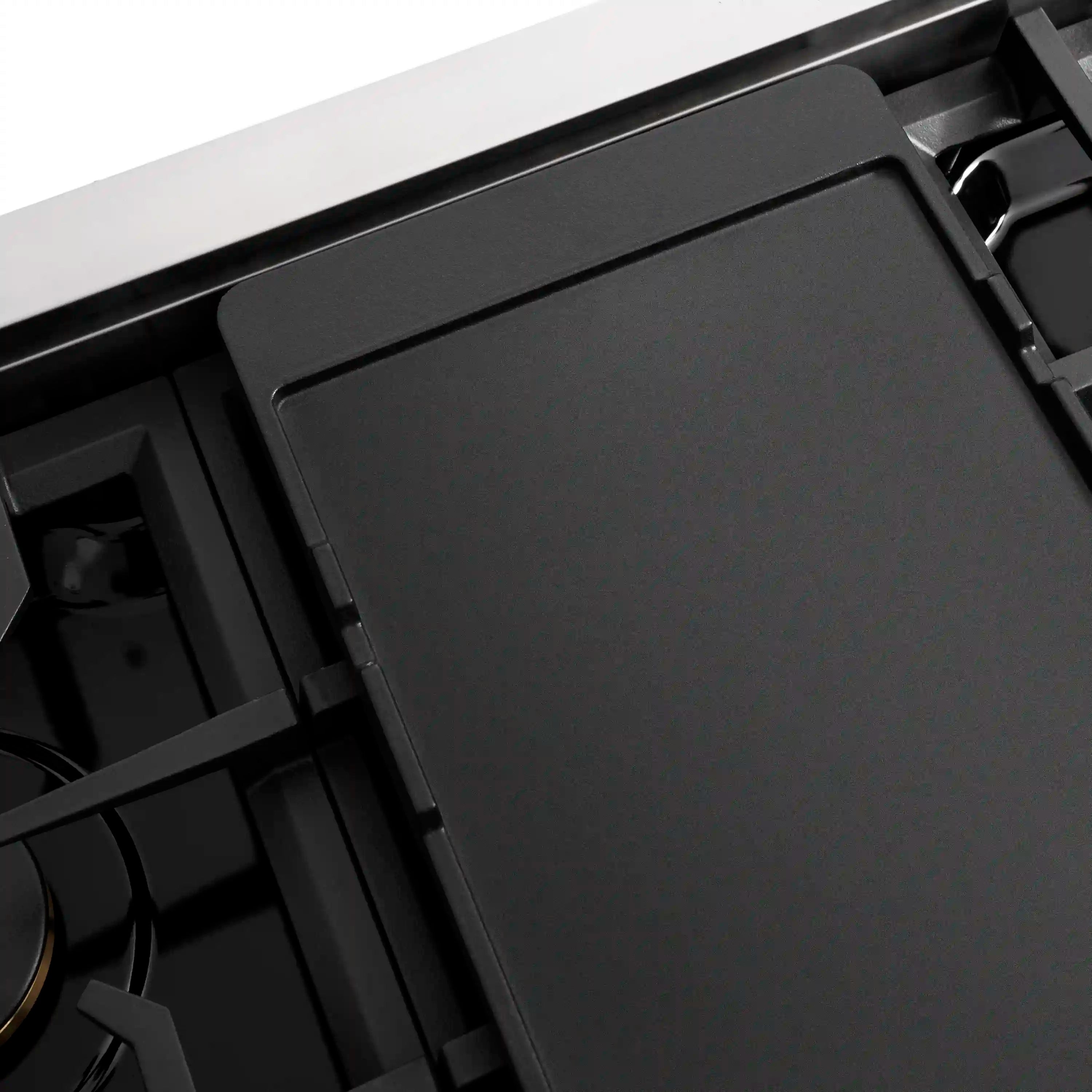 Flat black griddle insert panel covering the cooktop burner area