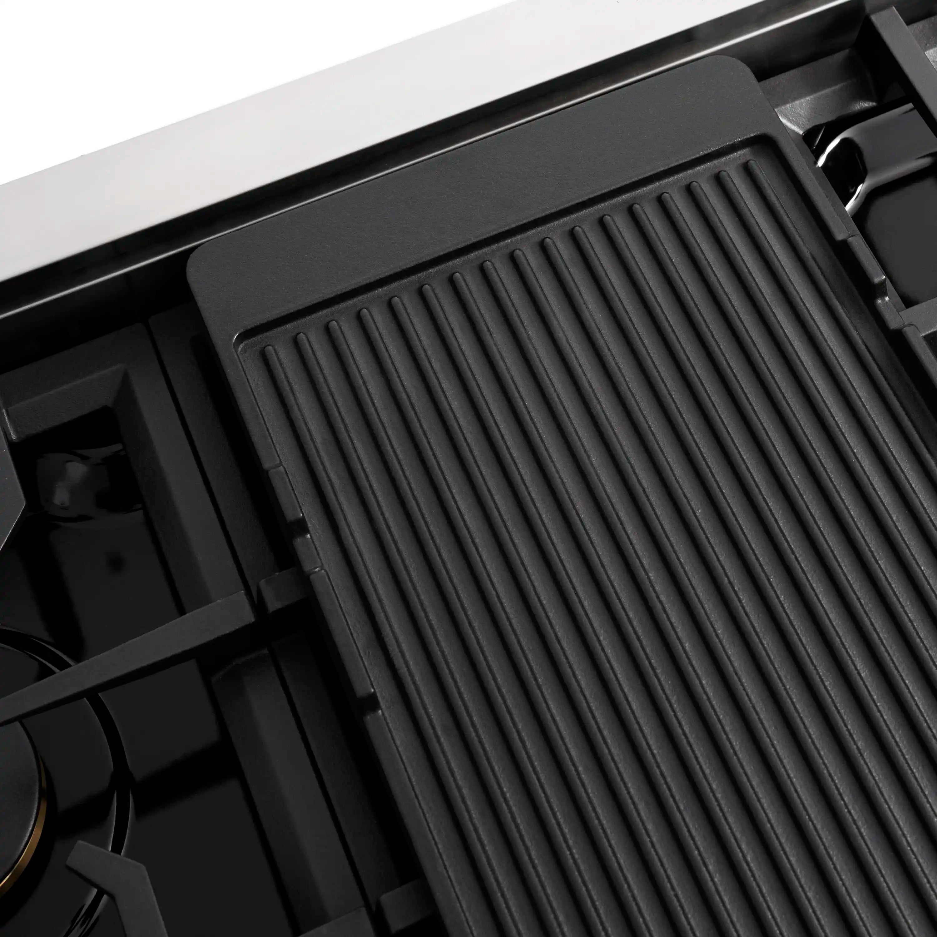Ribbed black griddle insert fitted over the cooktop burner area