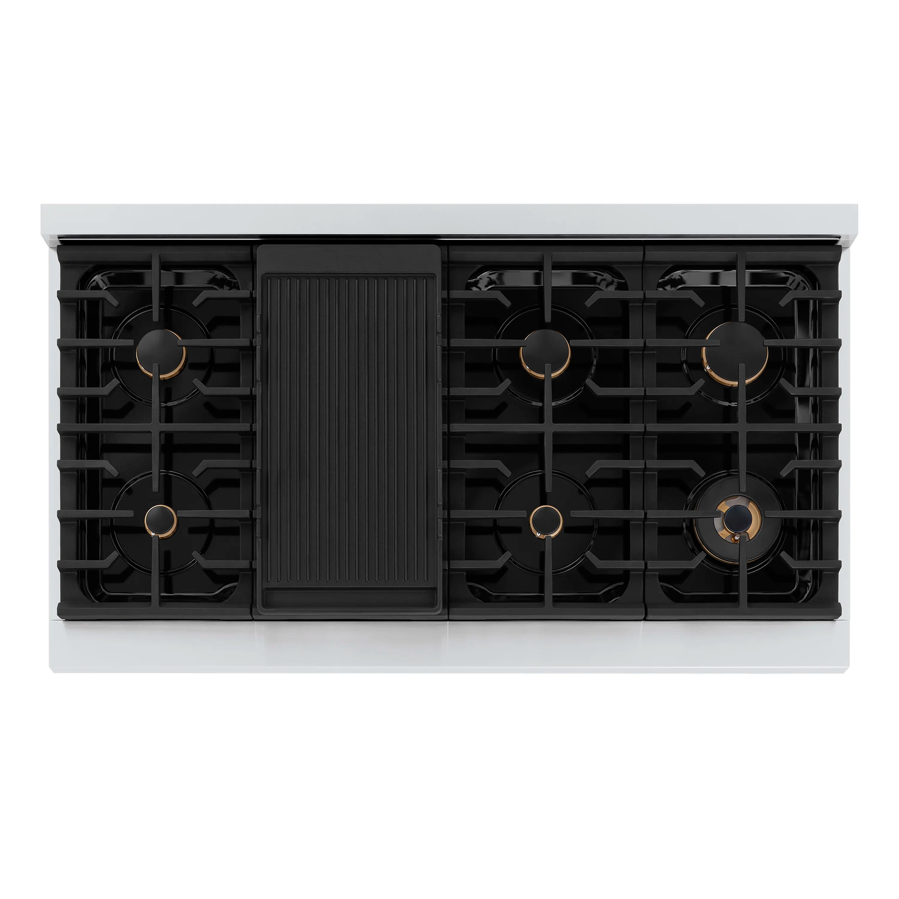 Top view of stainless gas cooktop with black grates and champagne-bronze burner trims