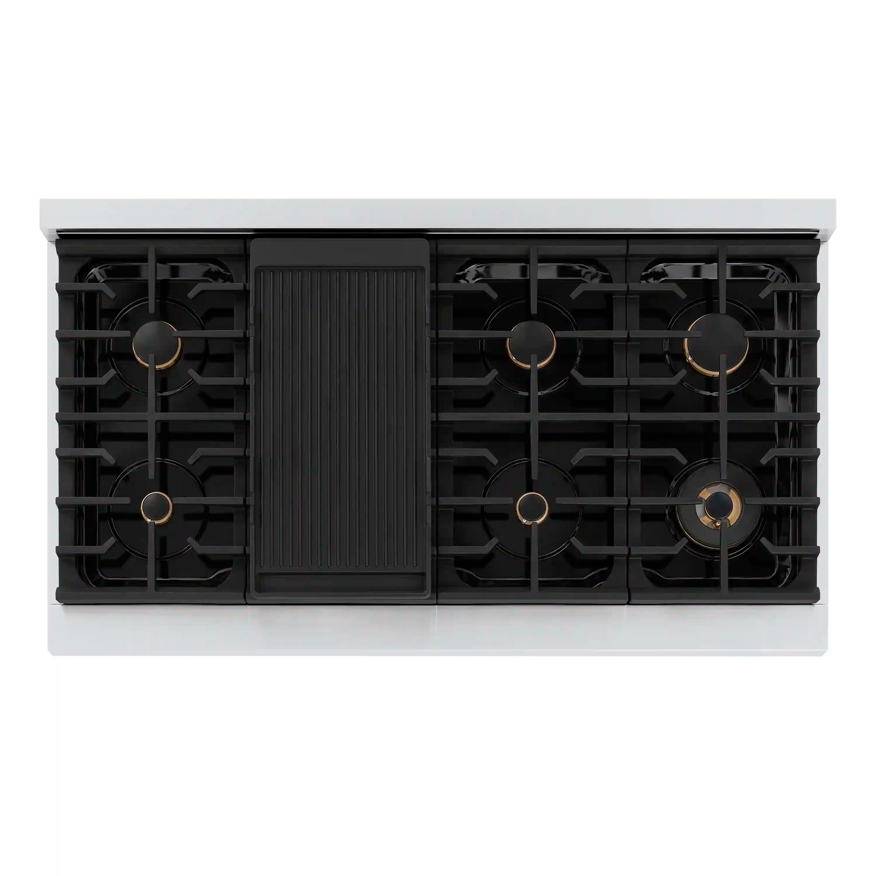 8-burner gas cooktop with black grates and central griddle module