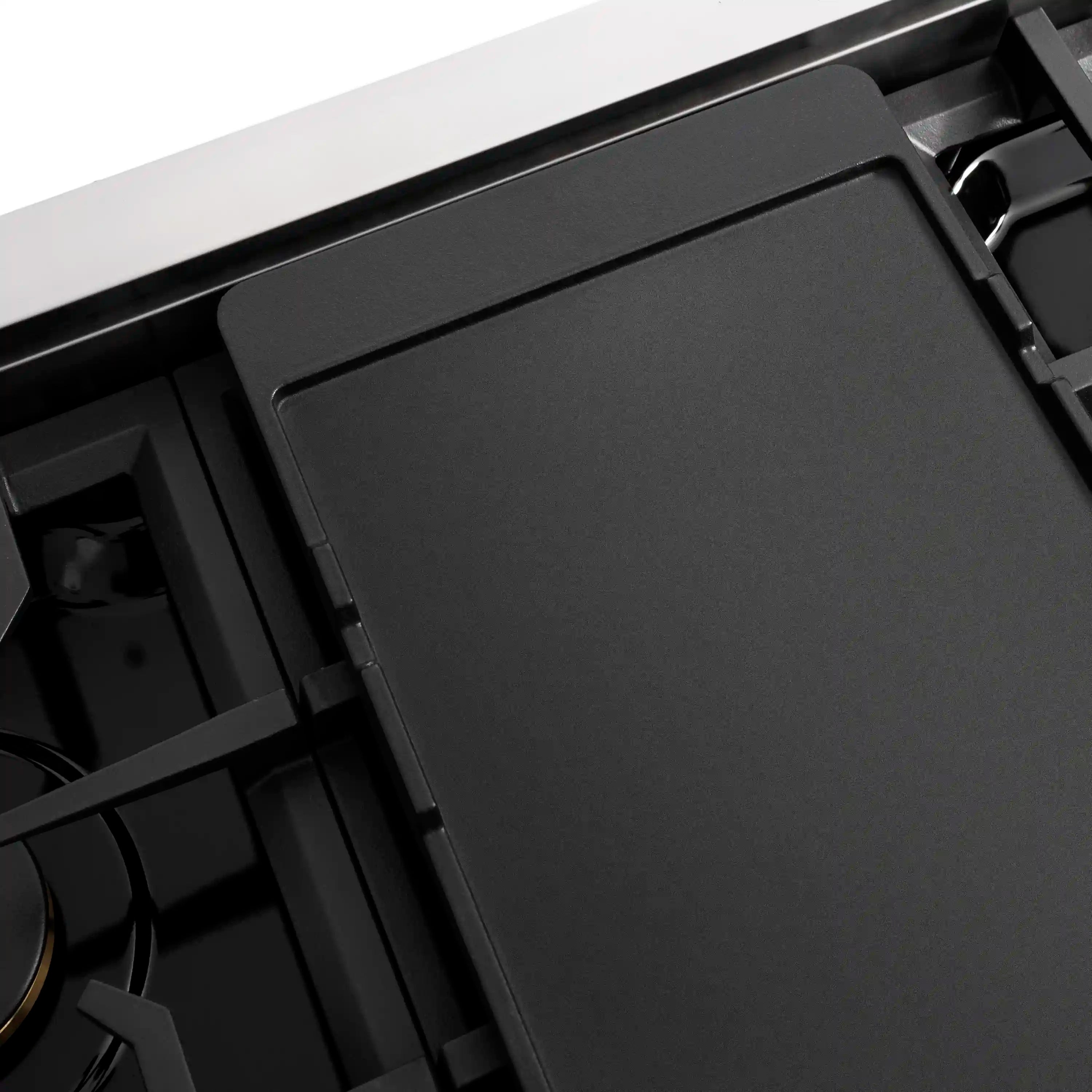 Close-up of matte black cooktop surface and control area on the gas rangetop