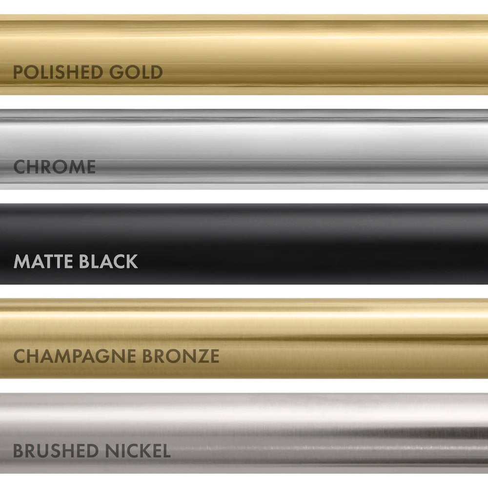Shower system finish options: polished gold, chrome, matte black, bronze, brushed nickel.