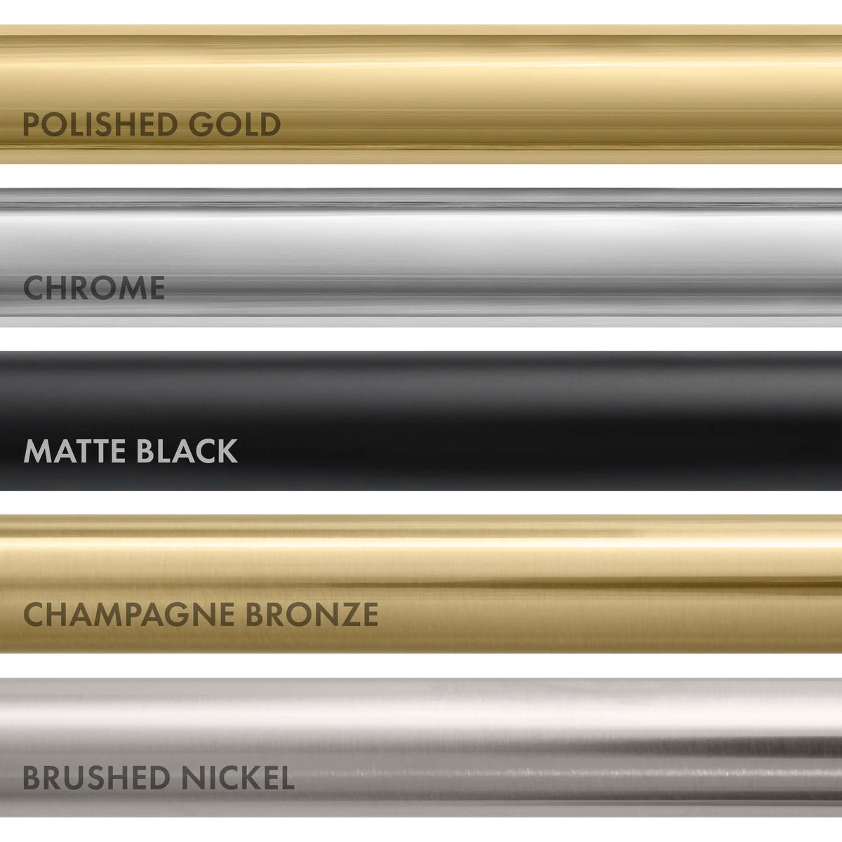 Shower finish swatches: polished gold, chrome, matte black, champagne bronze, brushed nickel