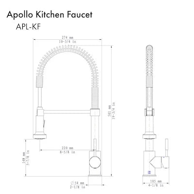 Apollo kitchen faucet line drawing with dimension measurements