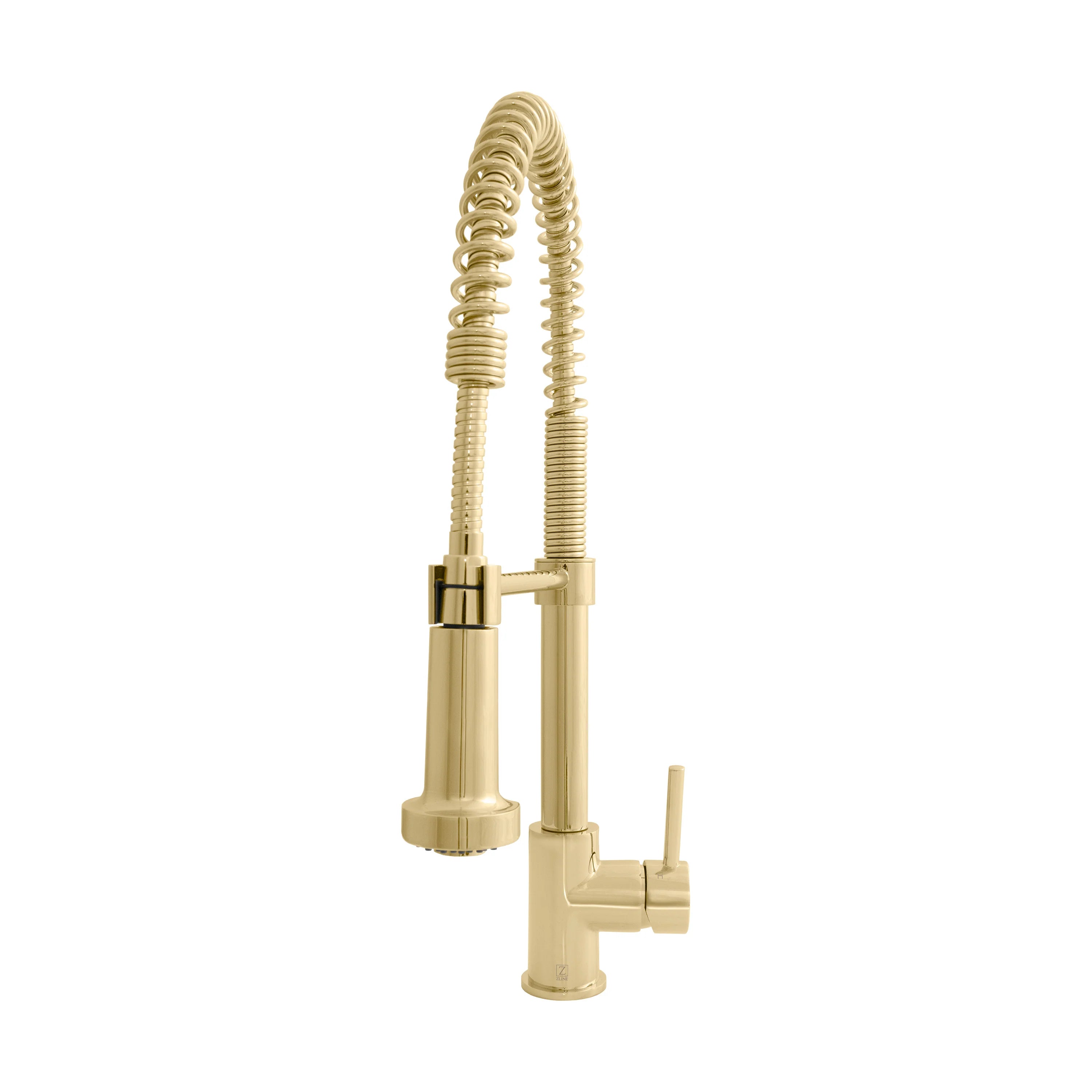 ZLINE Apollo kitchen faucet in polished gold, with two braided supply hoses