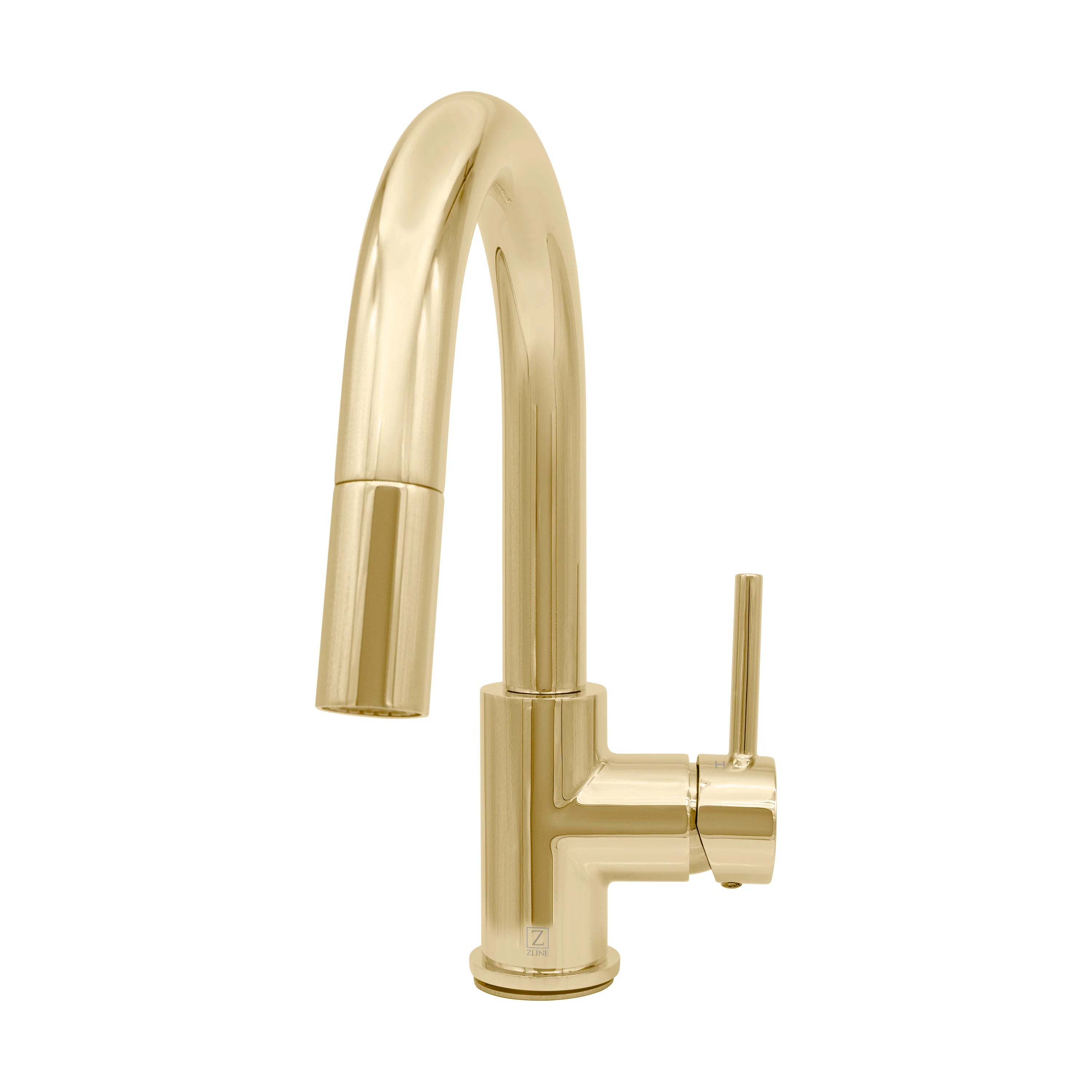 Polished gold kitchen faucet with arched spout and cylindrical control handle