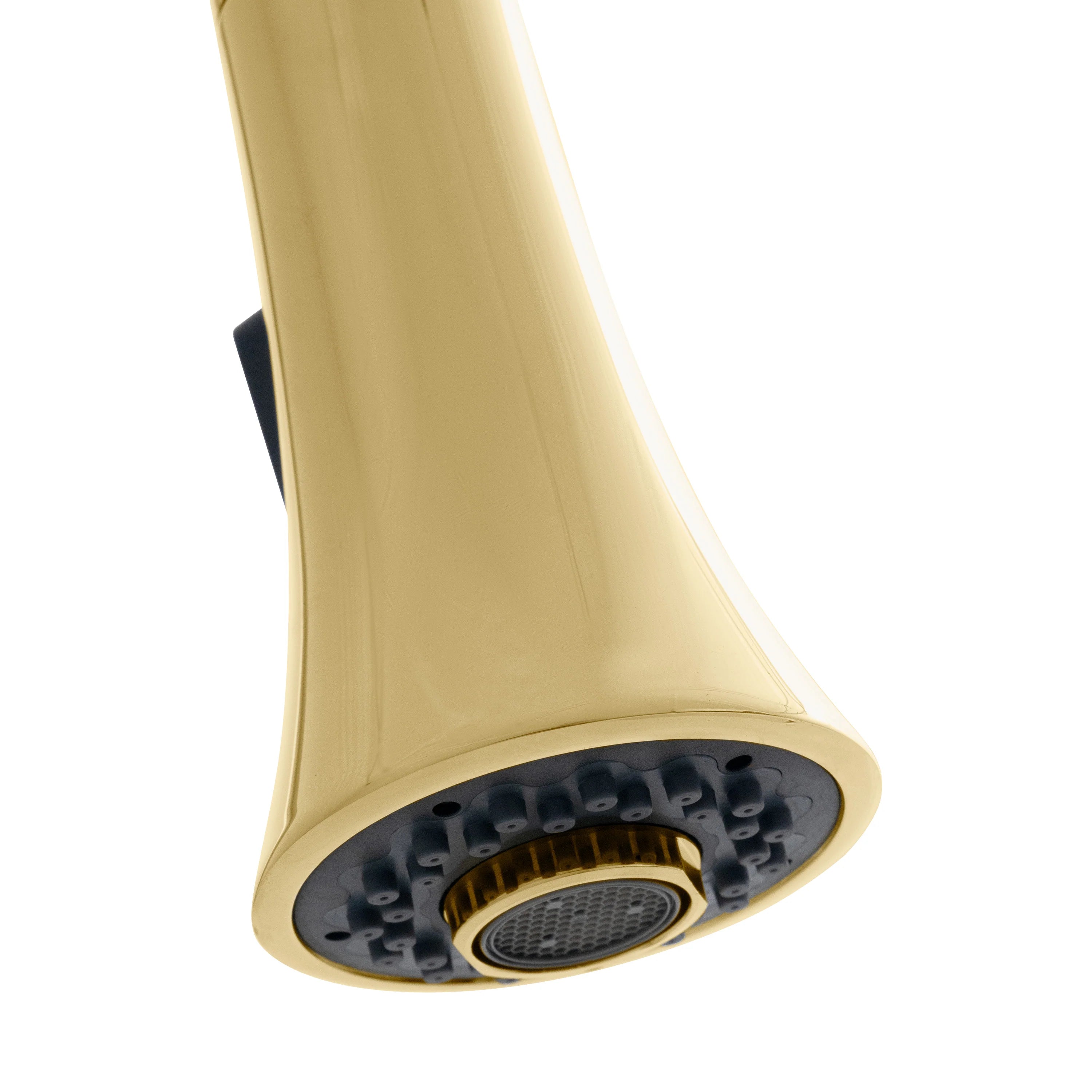 Polished gold faucet aerator head with visible spray holes at spout tip