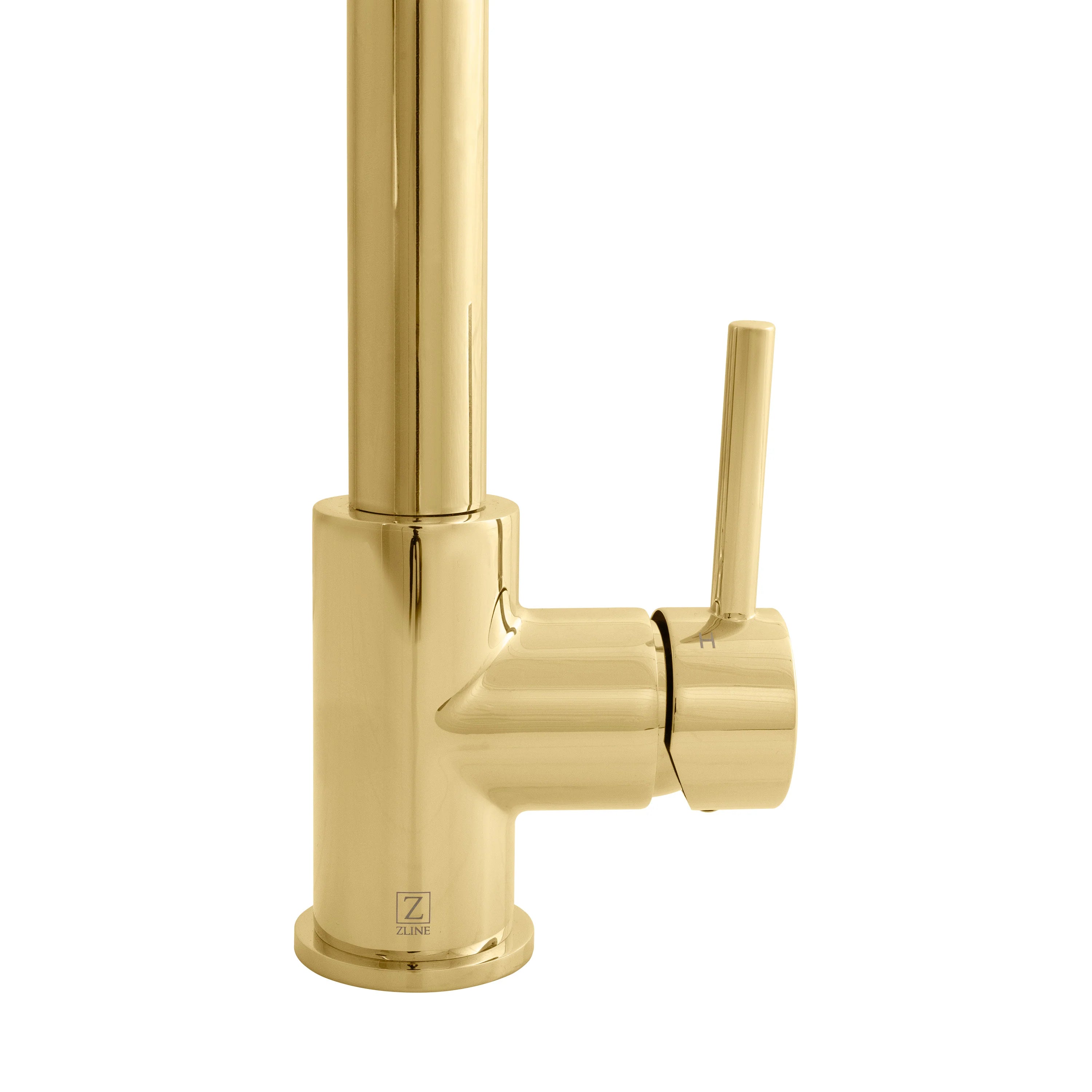 Polished gold kitchen faucet with single lever handle and tall gooseneck spout