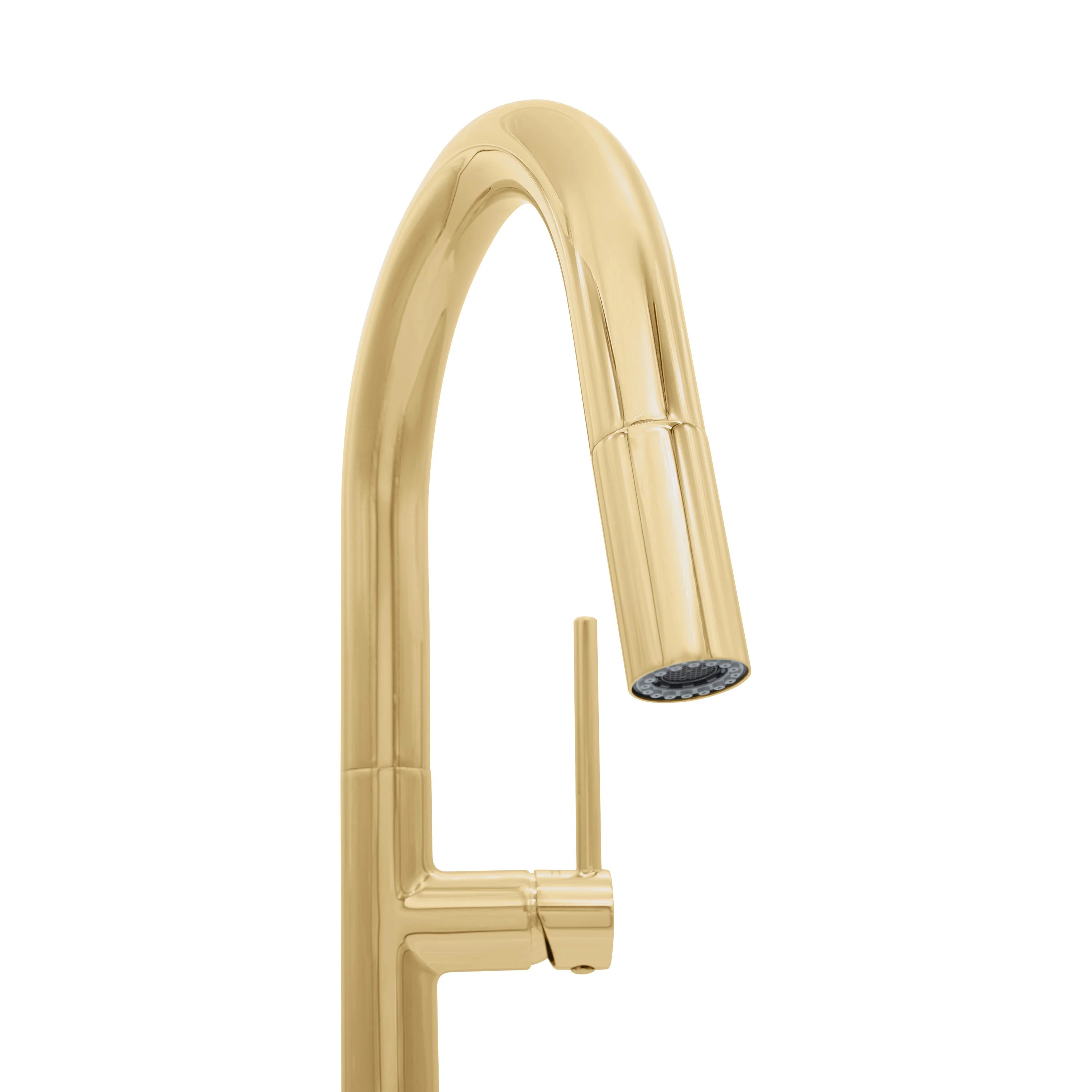 Polished gold kitchen faucet with arched spout outlet and side lever control