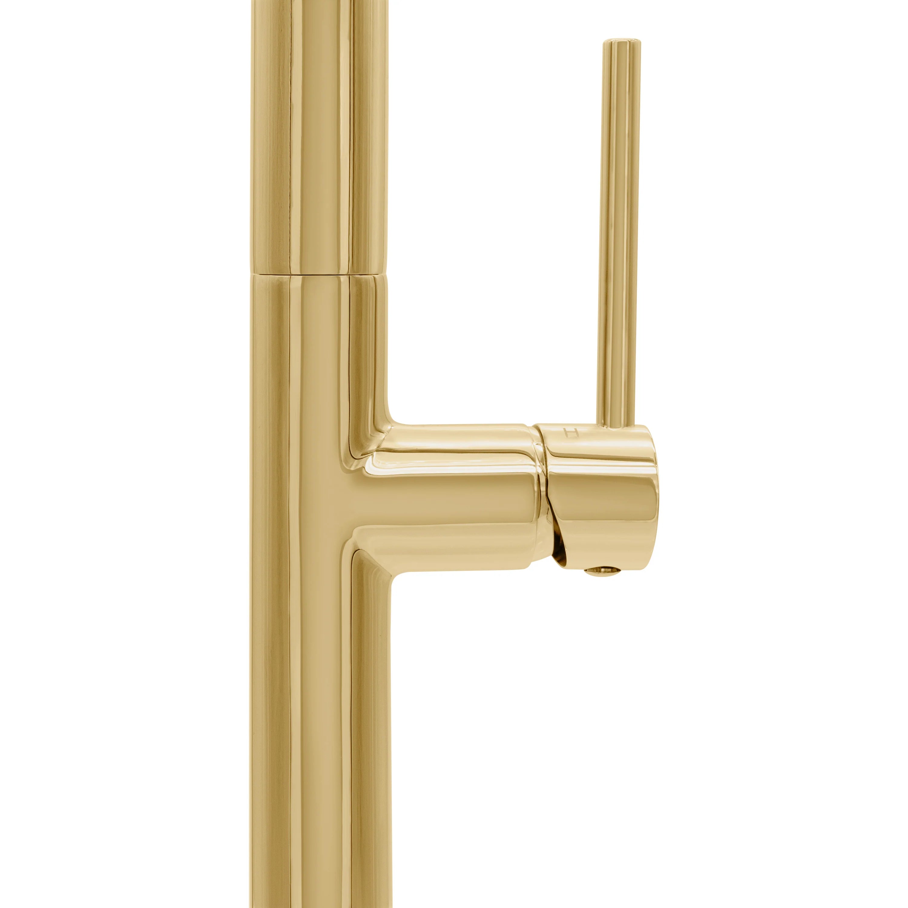Polished gold kitchen faucet with tall curved spout and side lever handle
