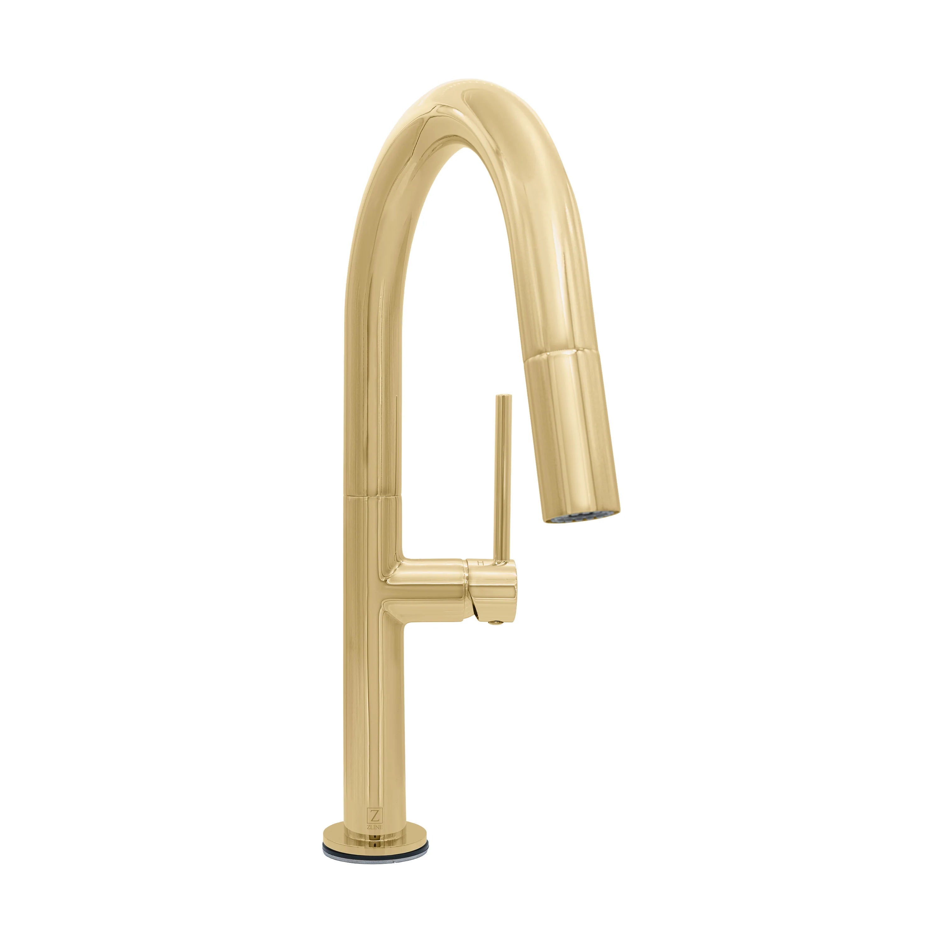 Polished gold kitchen faucet with arched spout, side control, and deck base