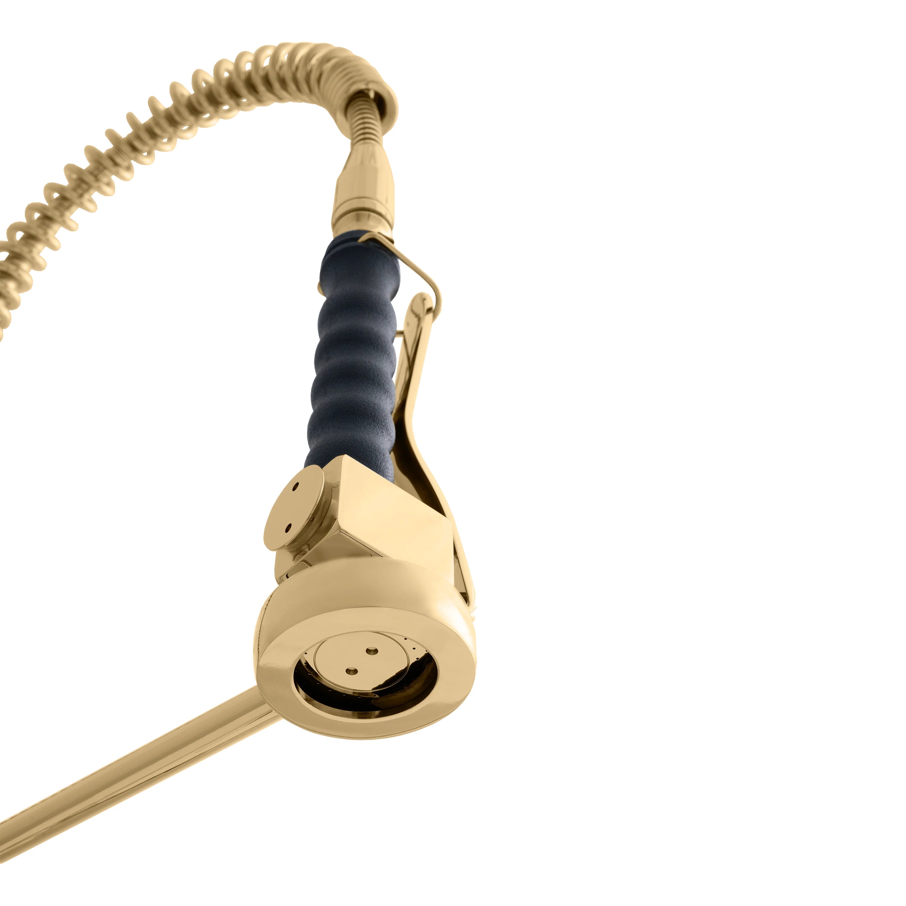 Polished gold pull-down sprayer head with black hose and side handle mount