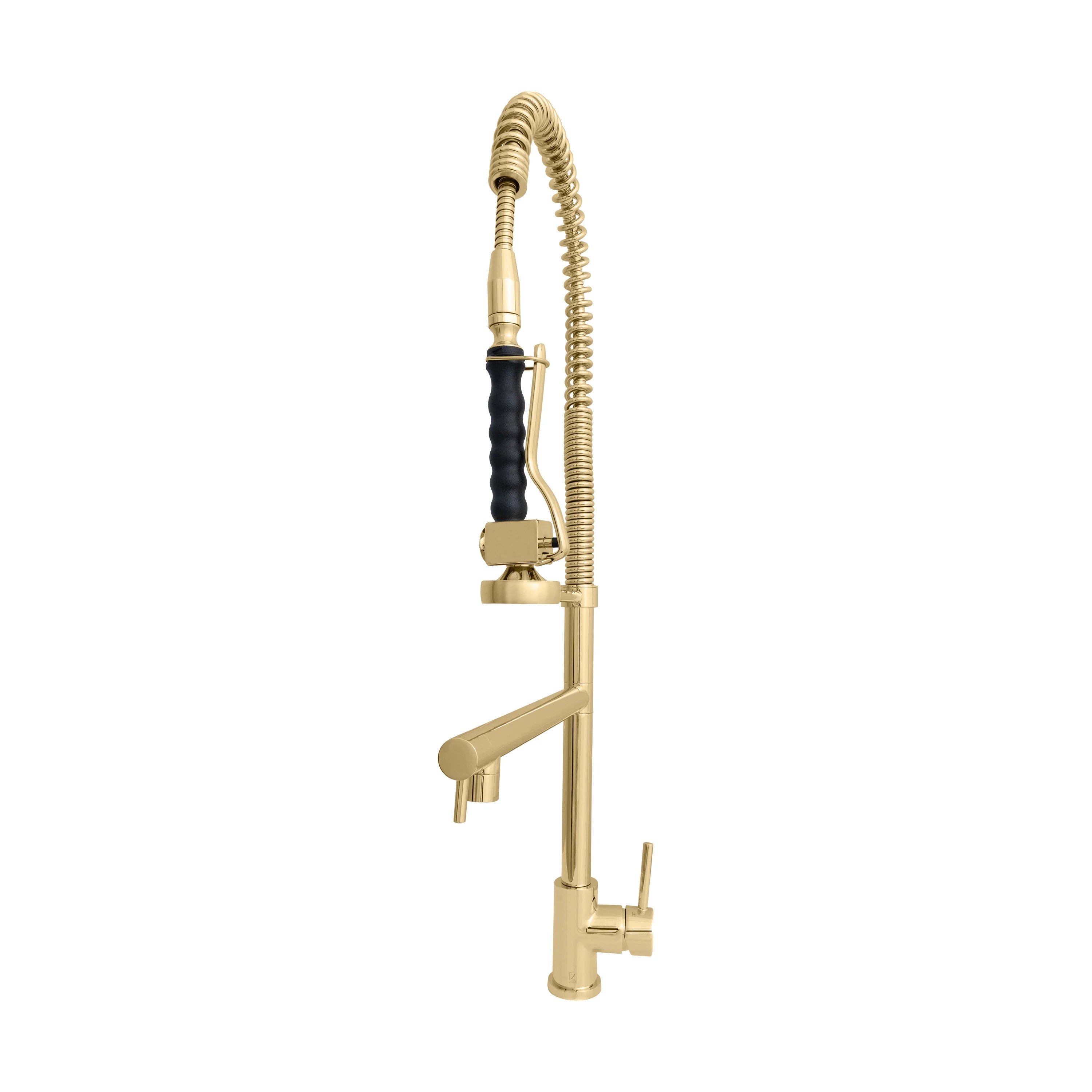 Polished gold kitchen faucet with pull-down sprayer and black hose detail