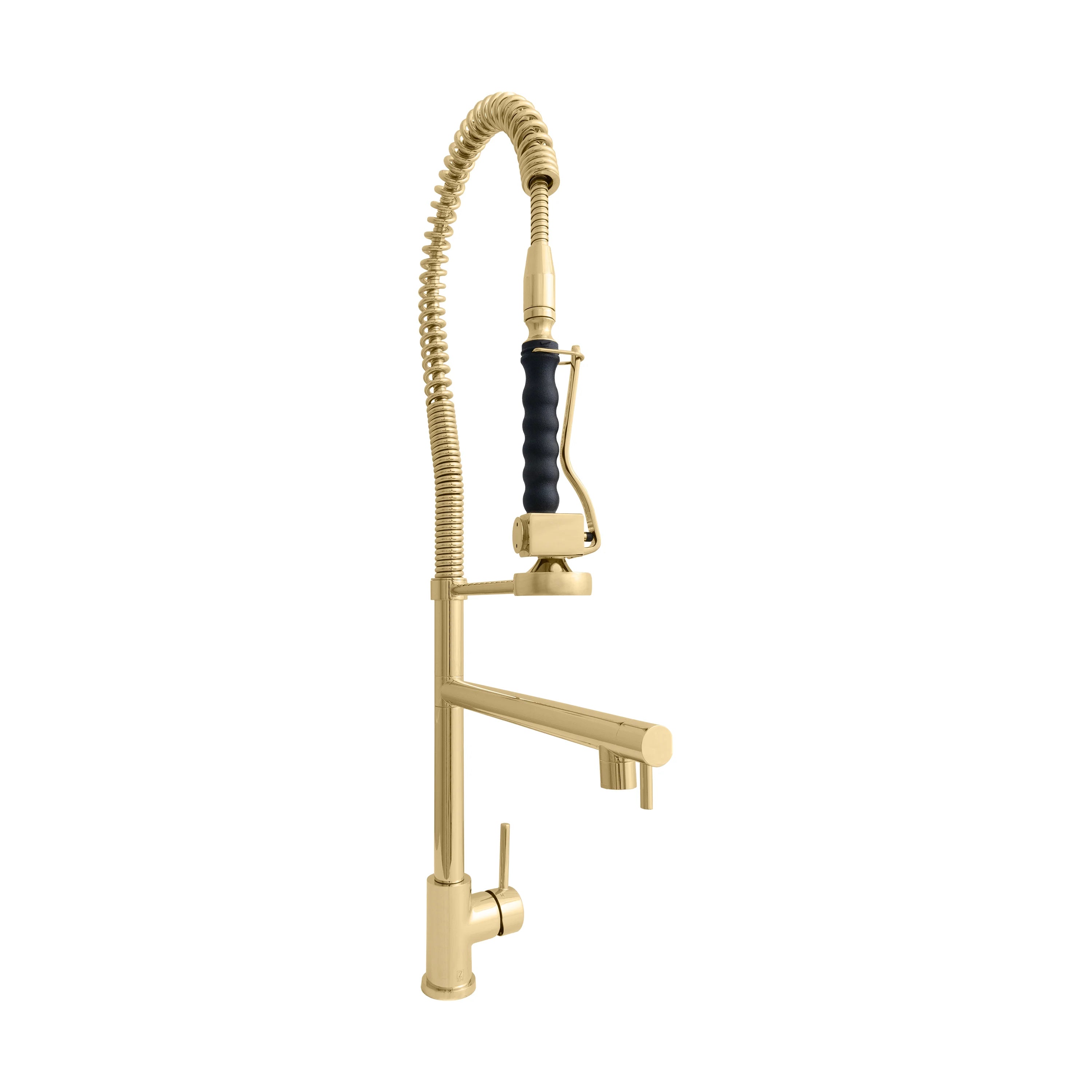 Polished gold kitchen faucet with arched neck, black hose, and pull-down sprayer