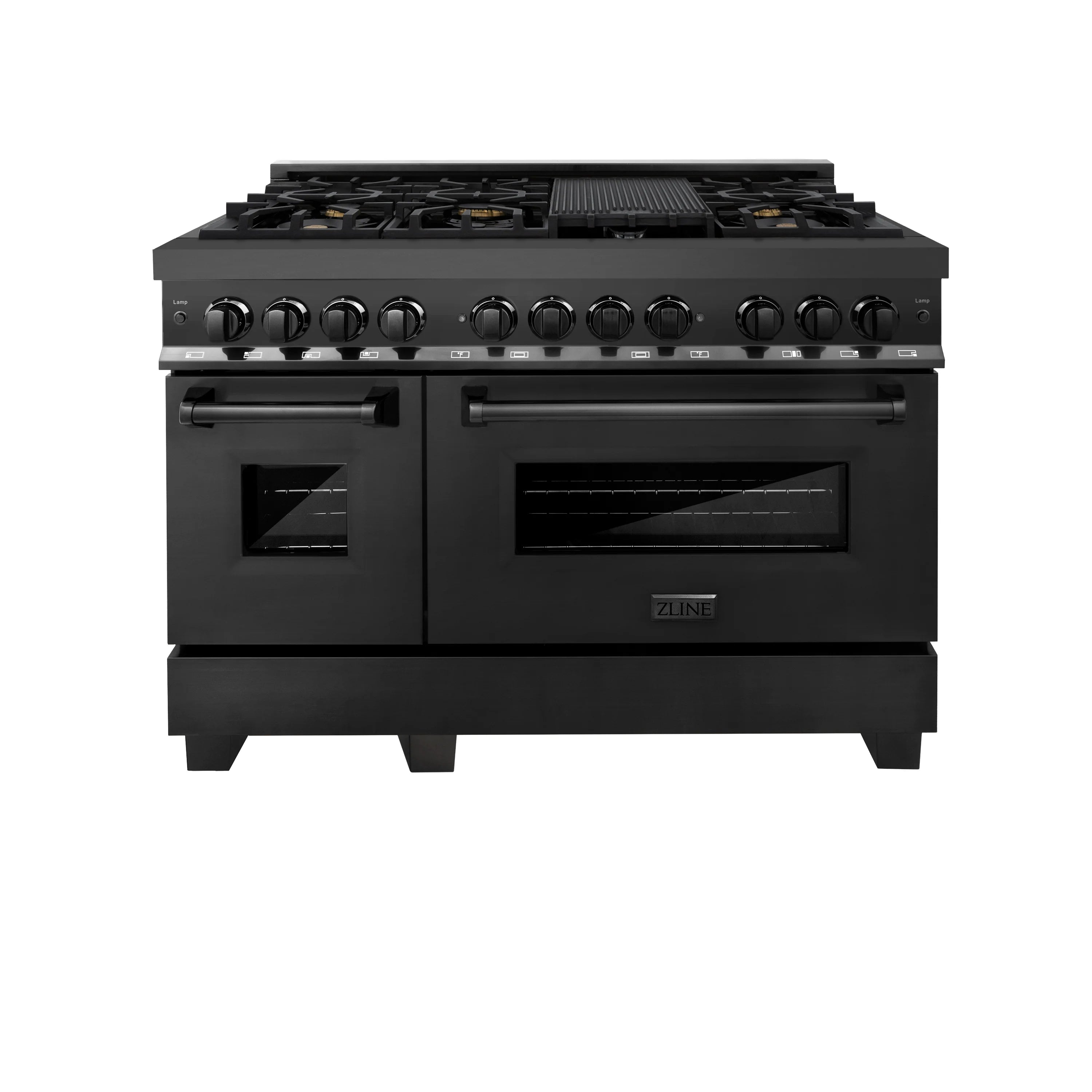 Black stainless dual fuel range with burner grates and dual oven doors