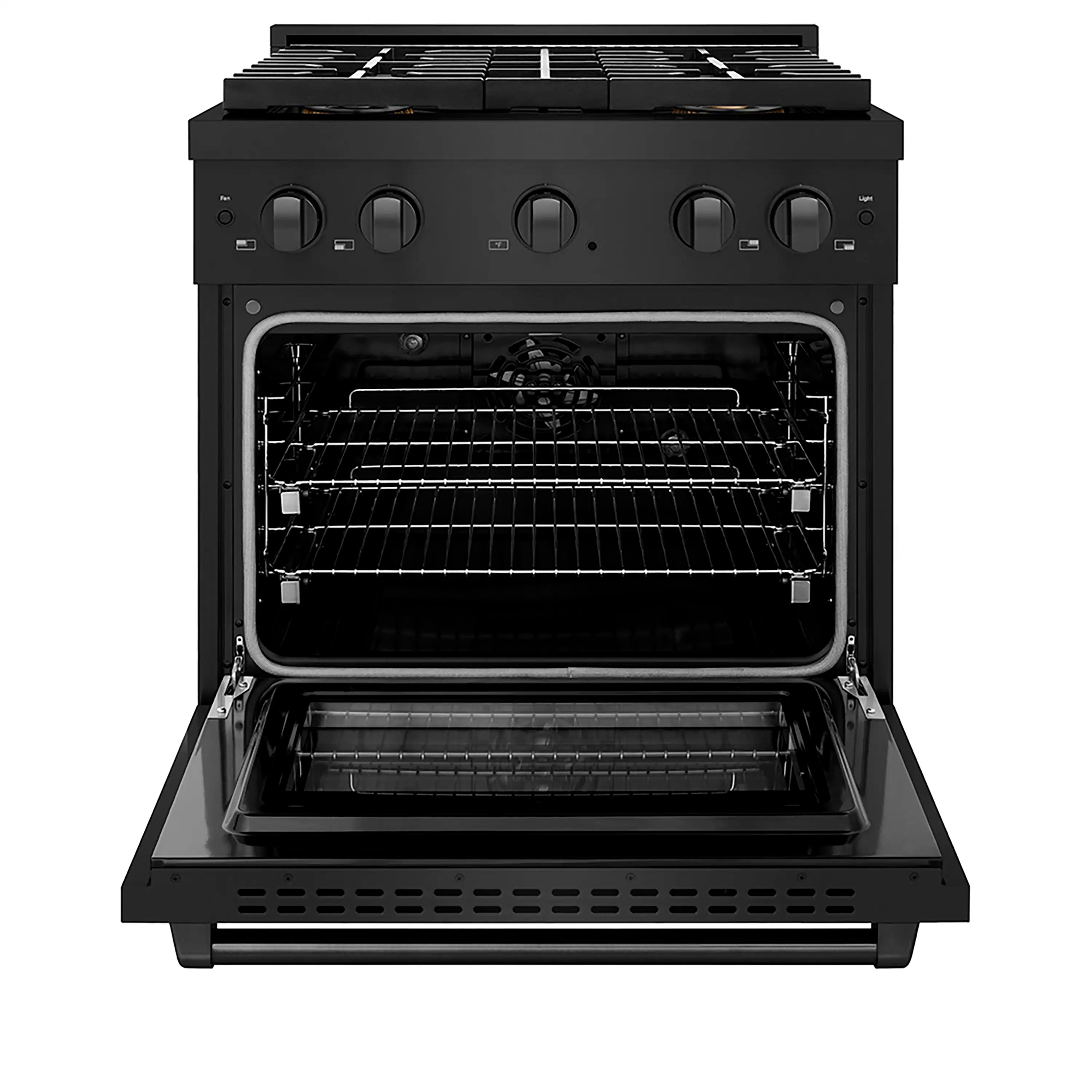 Open oven with wire rack and interior cavity, black dual fuel range