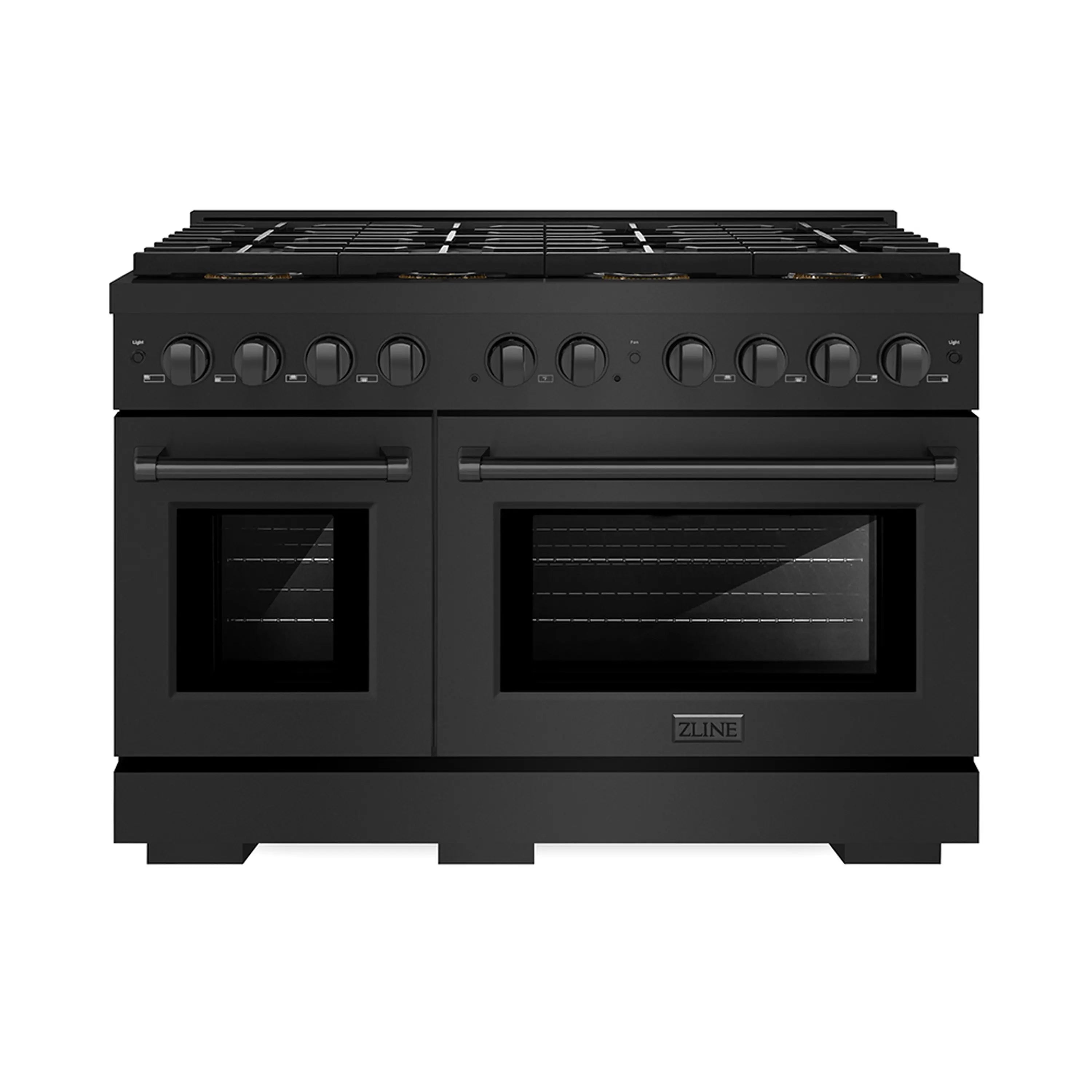 Black dual fuel range with 2 oven doors and control knobs on a stainless panel