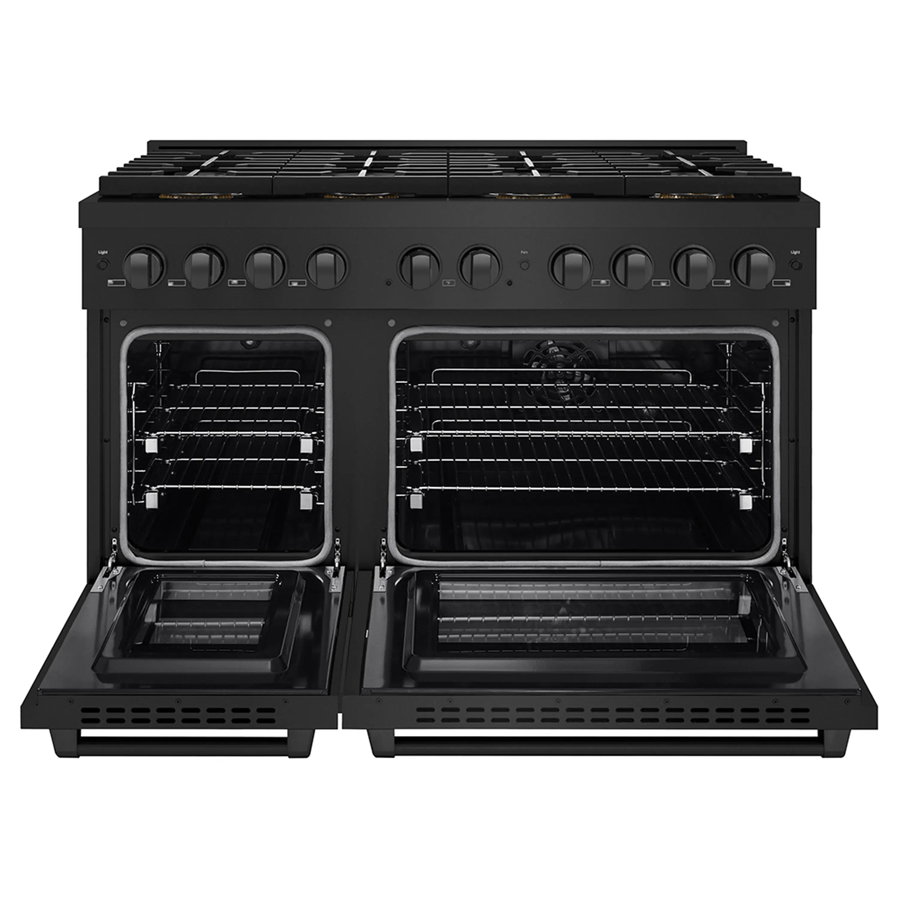Black dual fuel range with both oven doors open and racks inside