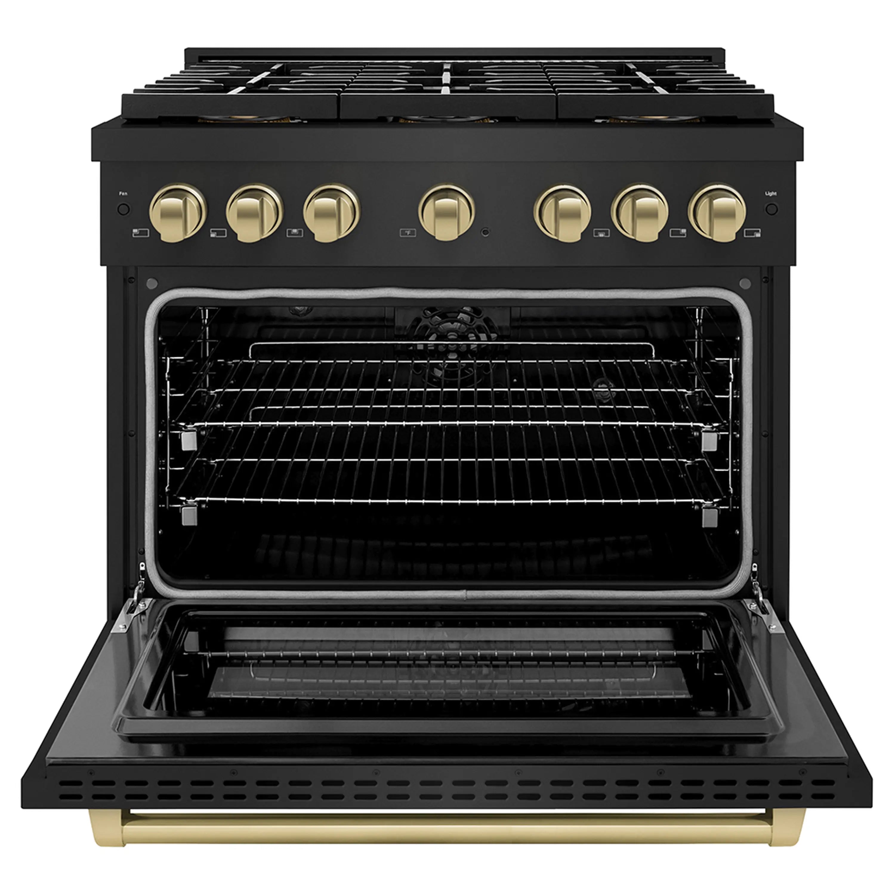 Black stainless dual fuel range open electric oven with six-burner cooktop and bronze knobs