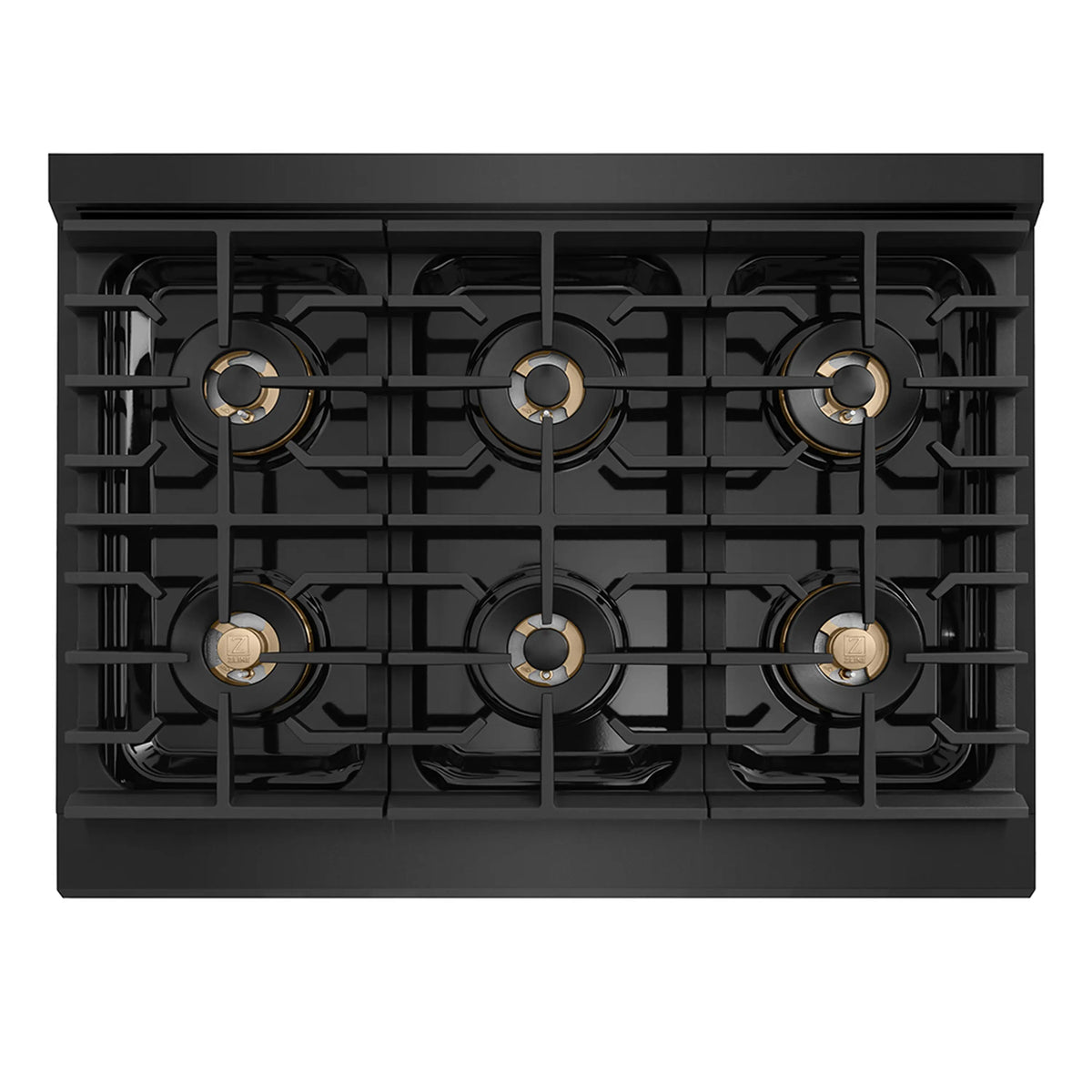 Black gas cooktop showing six burners with gold-accent cap details
