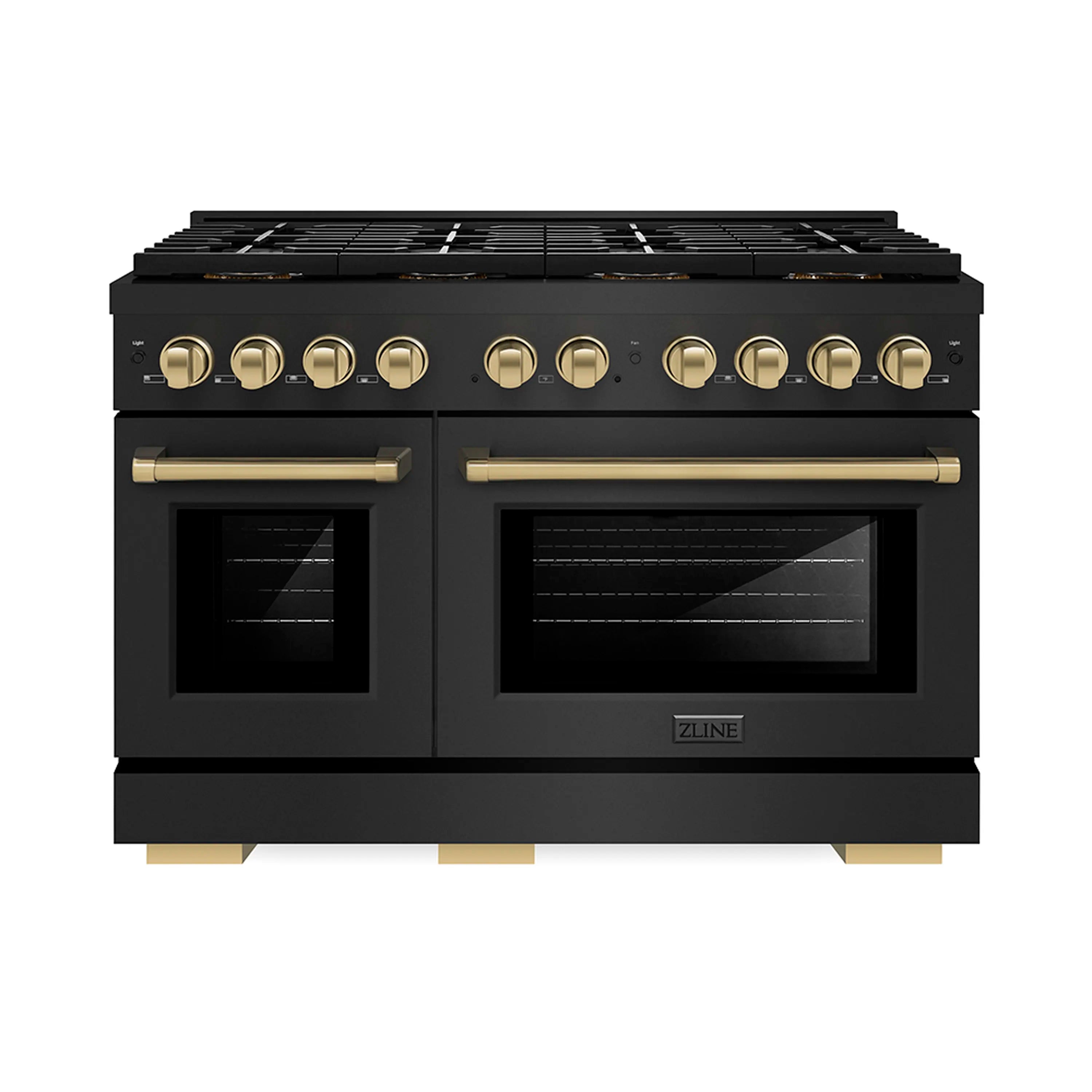 Black stainless dual-fuel range with champagne bronze knob accents and double ovens