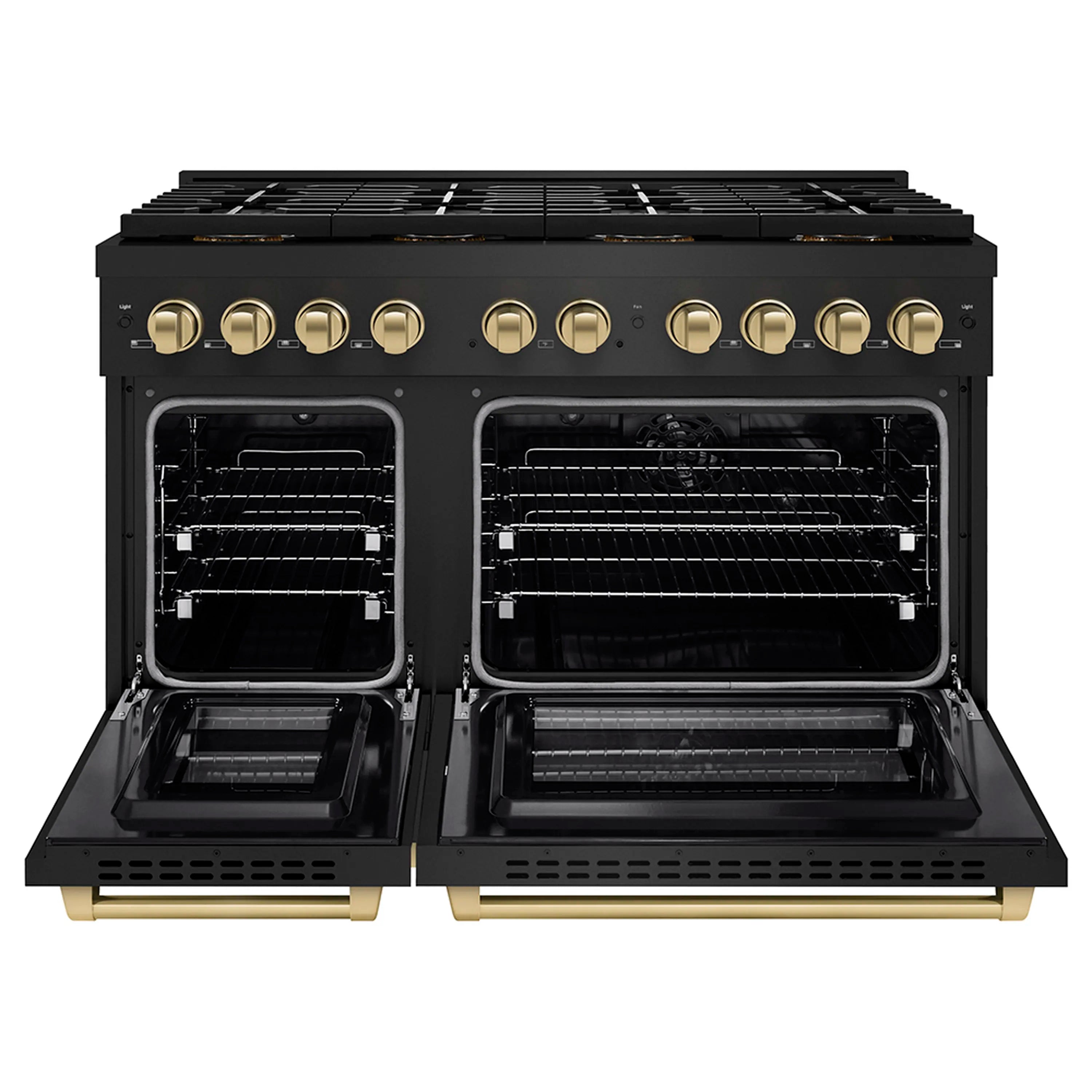 Dual oven doors open, showing two dark interiors with wire racks and bronze trims