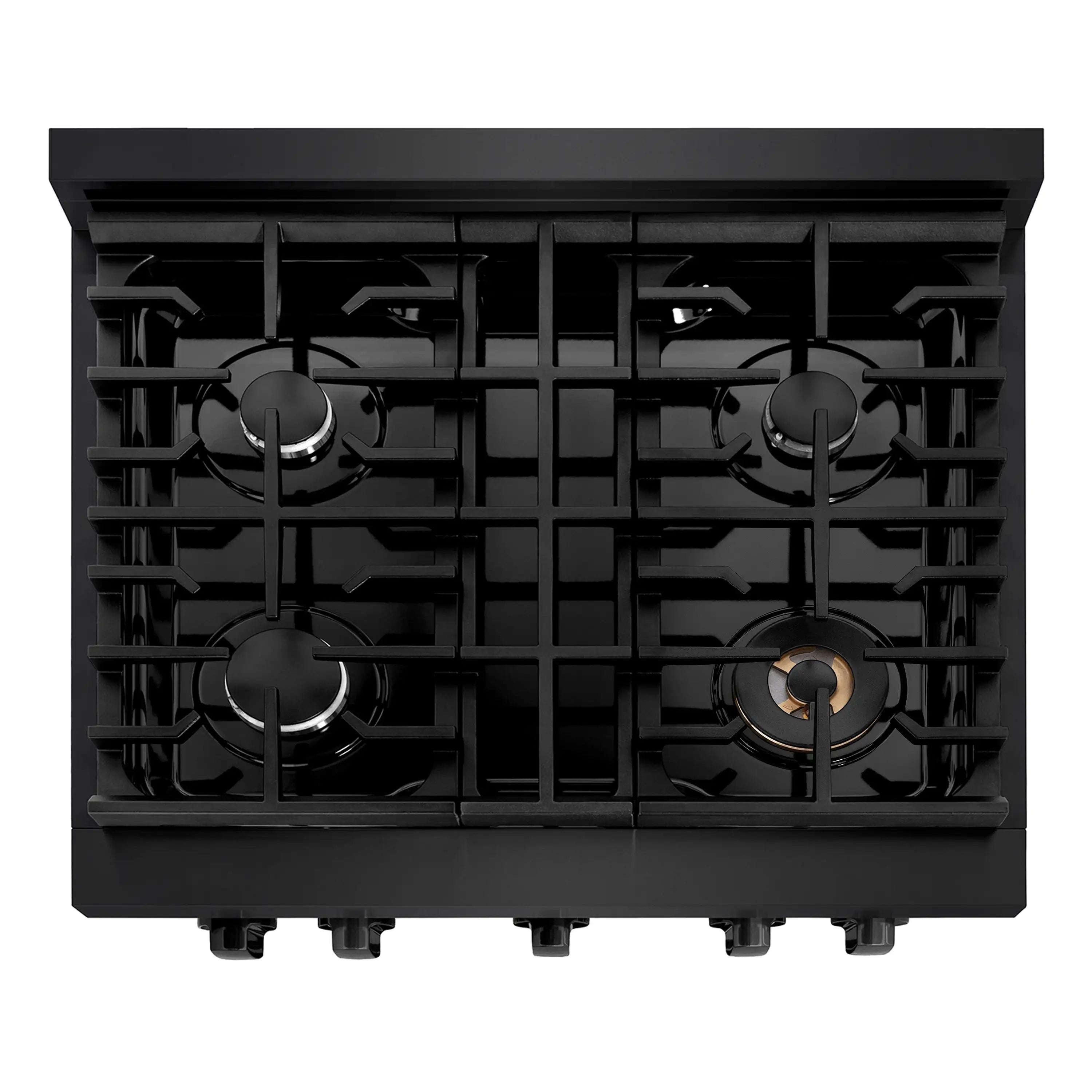 Black 4-burner gas cooktop with cast-iron grates and control knobs