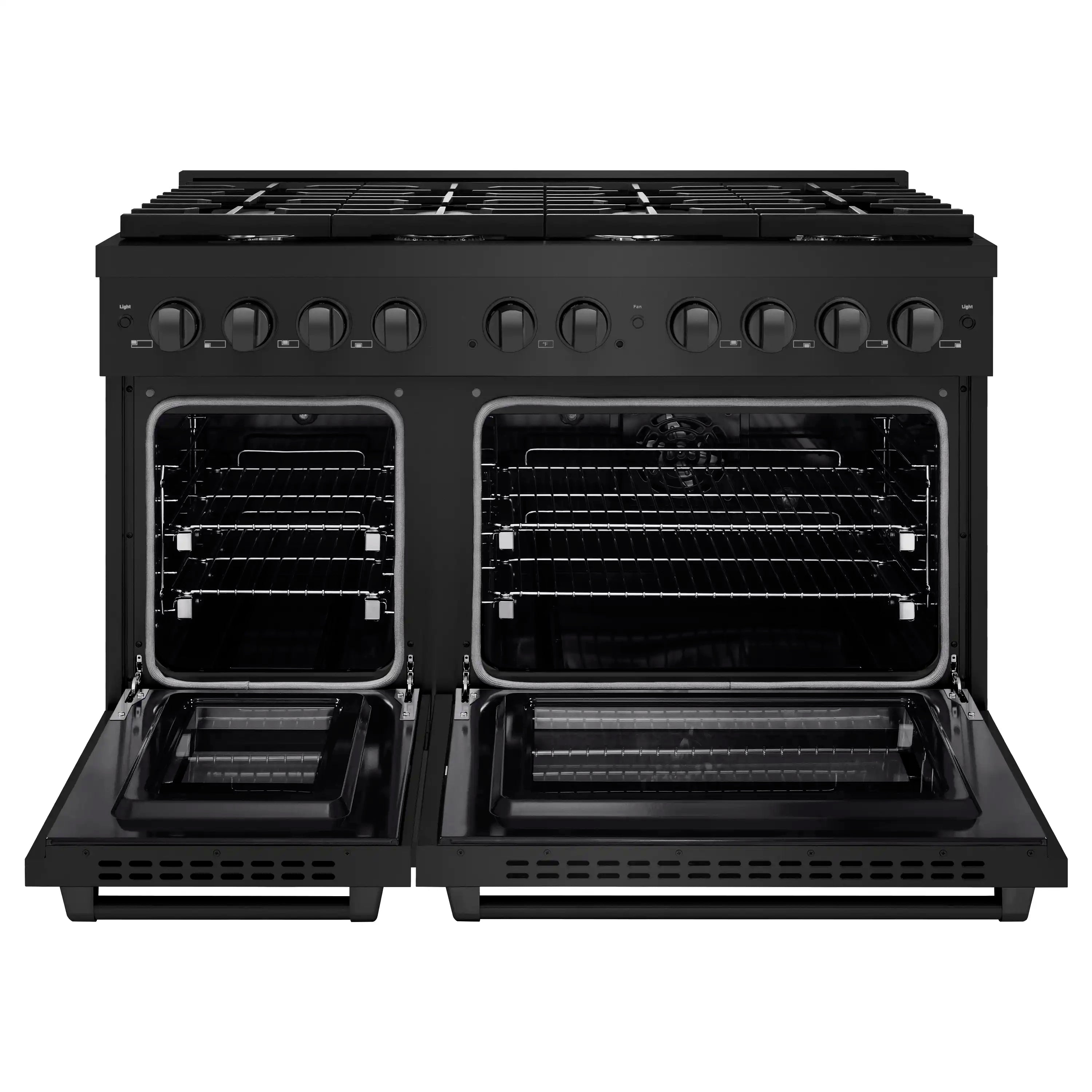 Black stainless dual fuel range with both oven doors open and racks visible