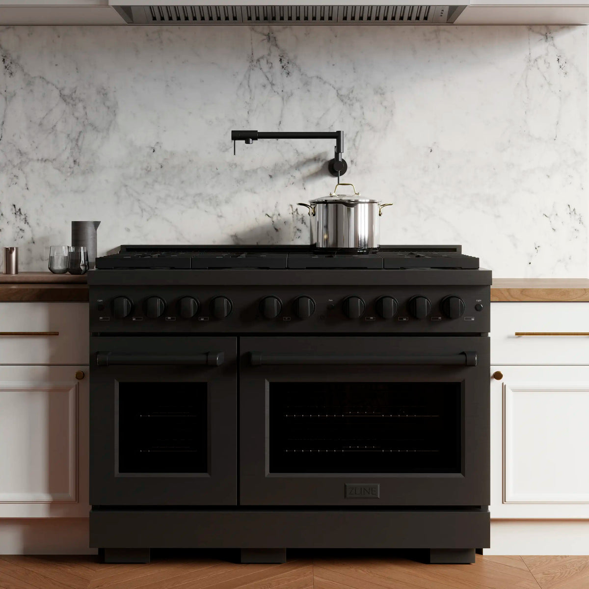 ZLINE 48-Inch 6.7 cu. ft. Paramount Double Oven Dual Fuel Range with 8 Burner Gas Cooktop in Black Stainless Steel (SDRB-48)
