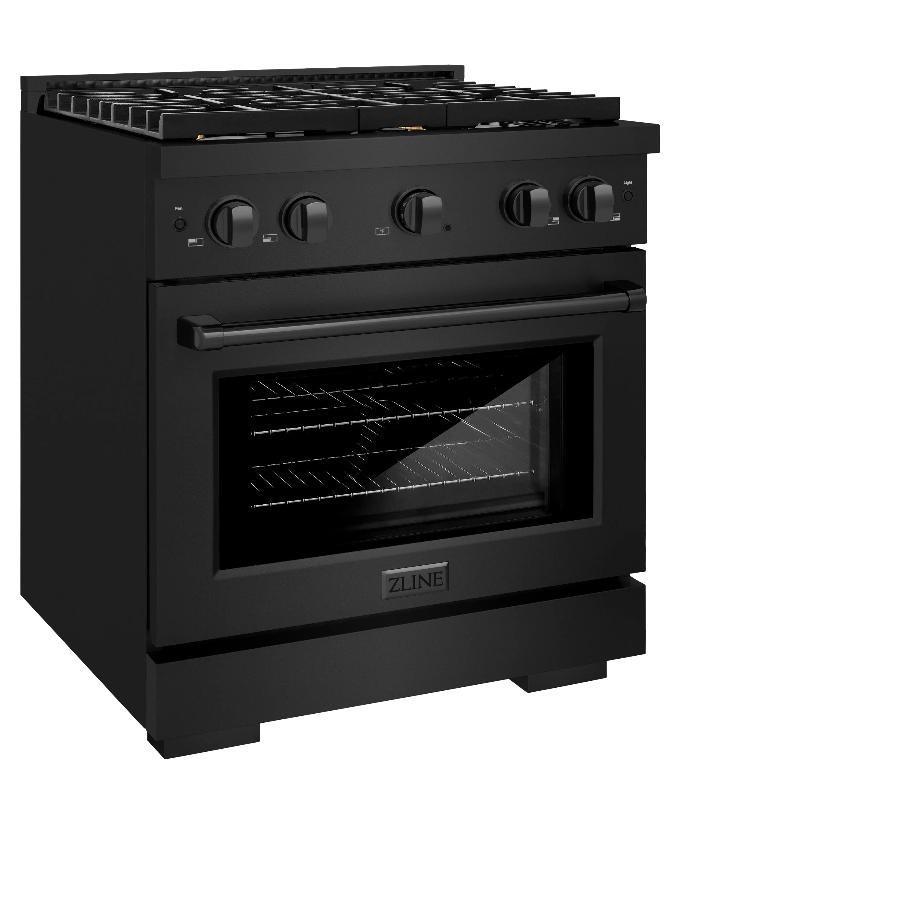 ZLINE dual fuel range, black stainless body, four burners and front glass oven door.