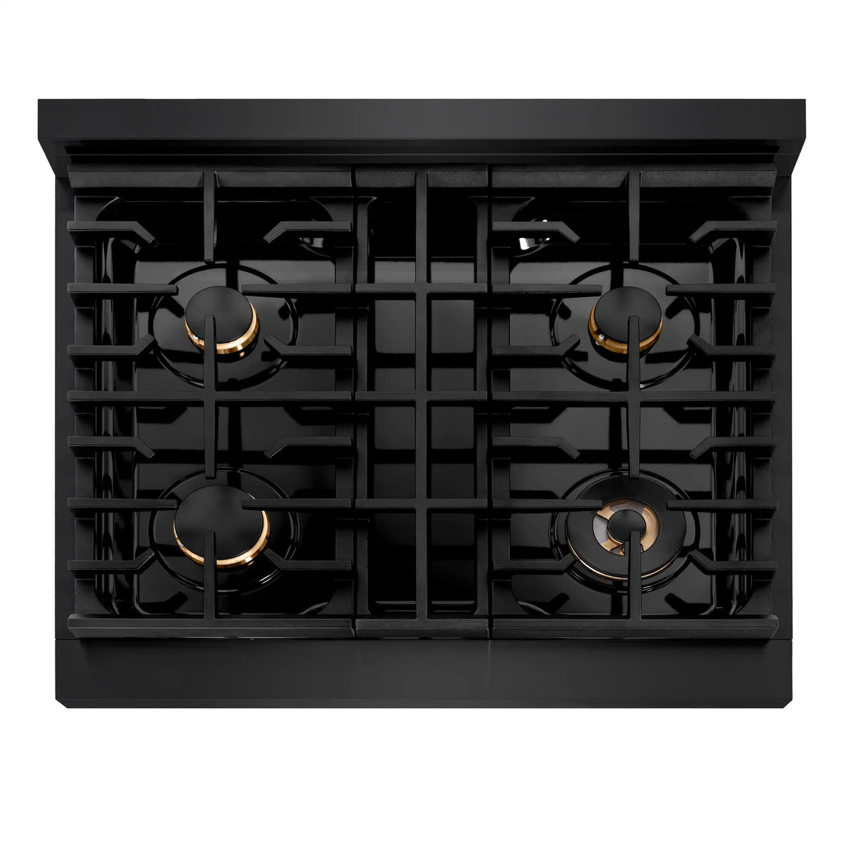 Gas cooktop with four brass-ring burners and black grates on the range.