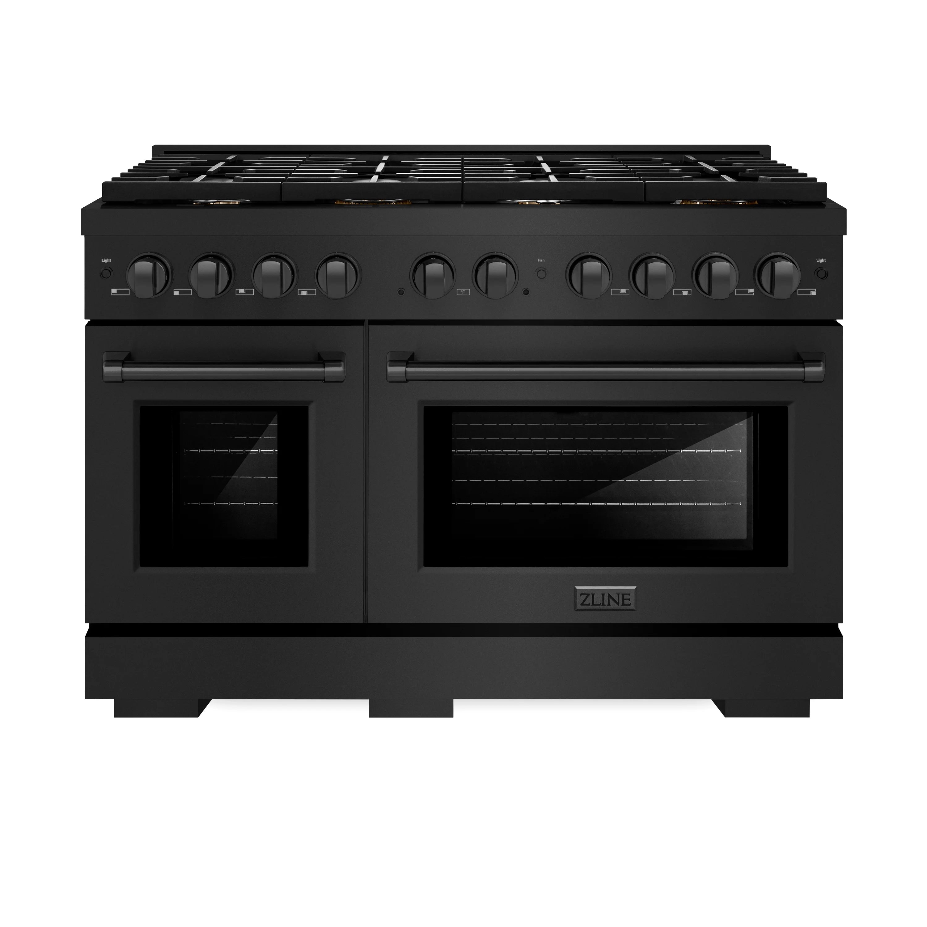 Black stainless steel double oven dual fuel range with control knobs and cooktop grates