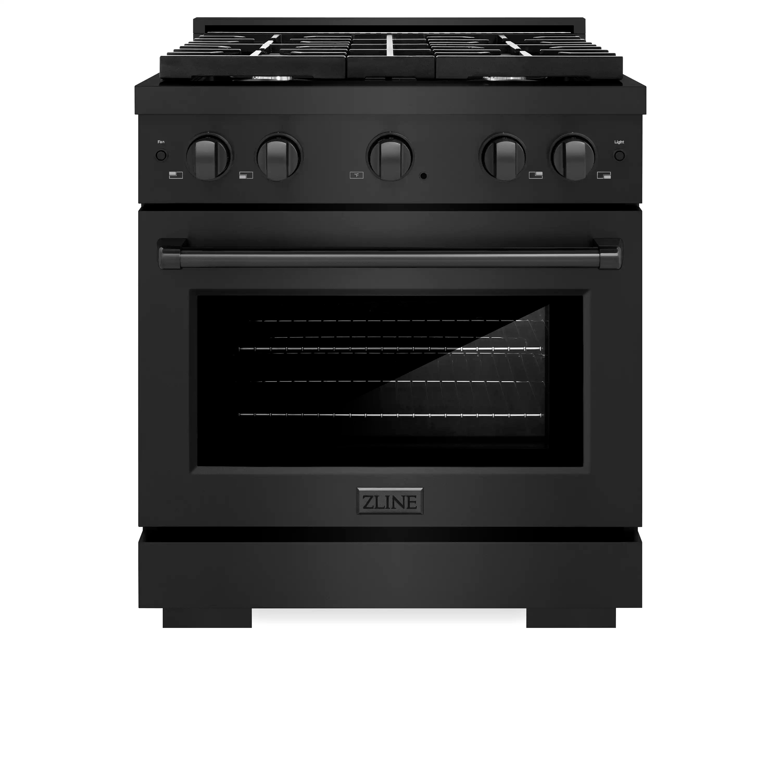 Black gas range with four burners, control knobs, and viewing window
